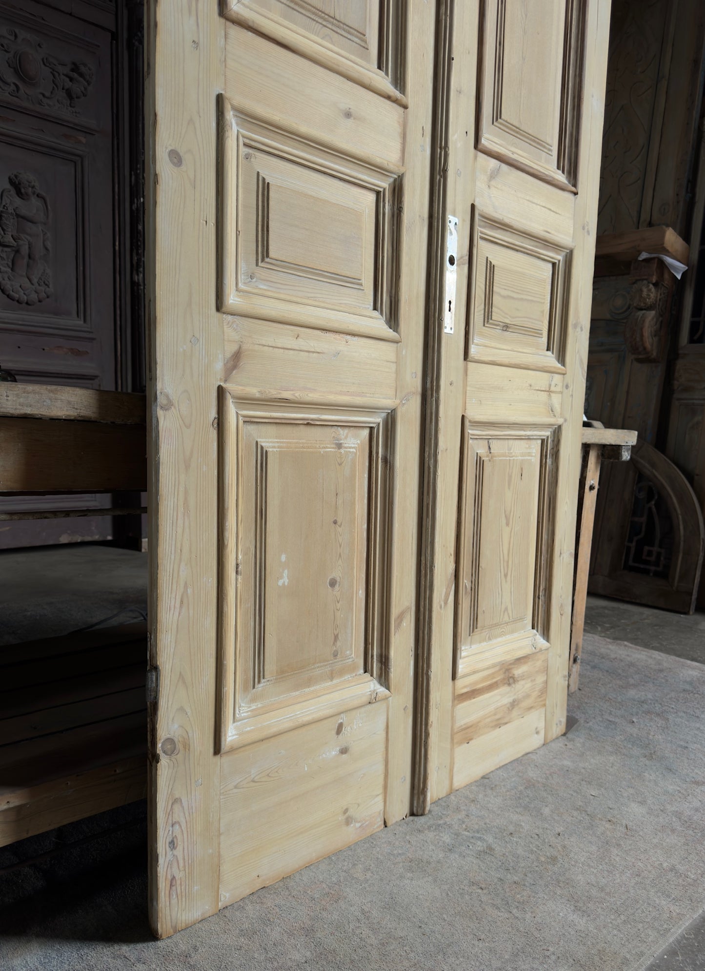 Raised Molding 3 Panel Antique Solid French Doors - 44x104 K385