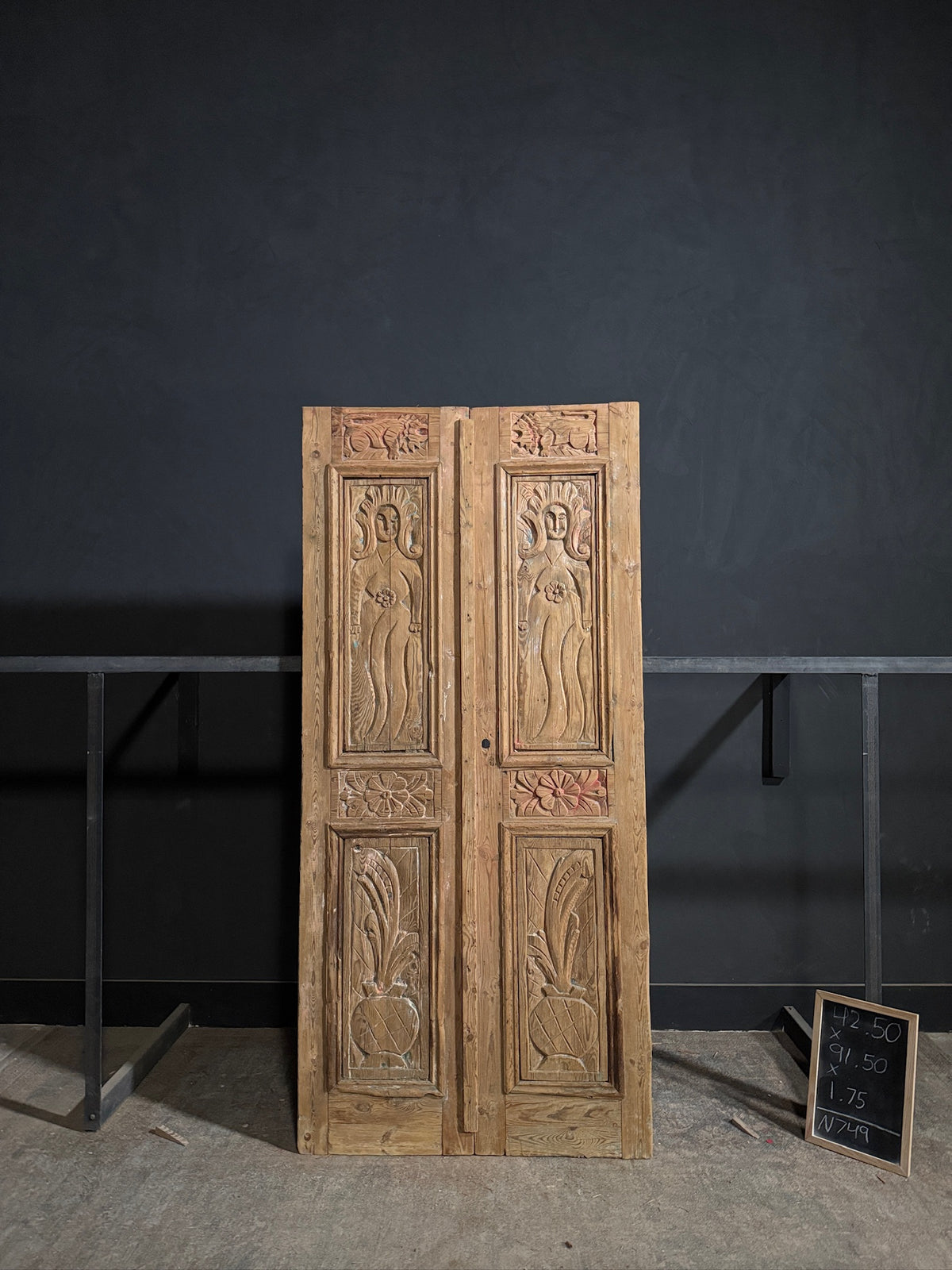 Antique Carved Solid Paneled Double Doors - 42.5x91.5 - N749