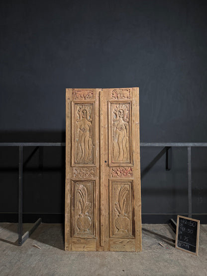 Antique Carved Solid Paneled Double Doors - 42.5x91.5 - N749