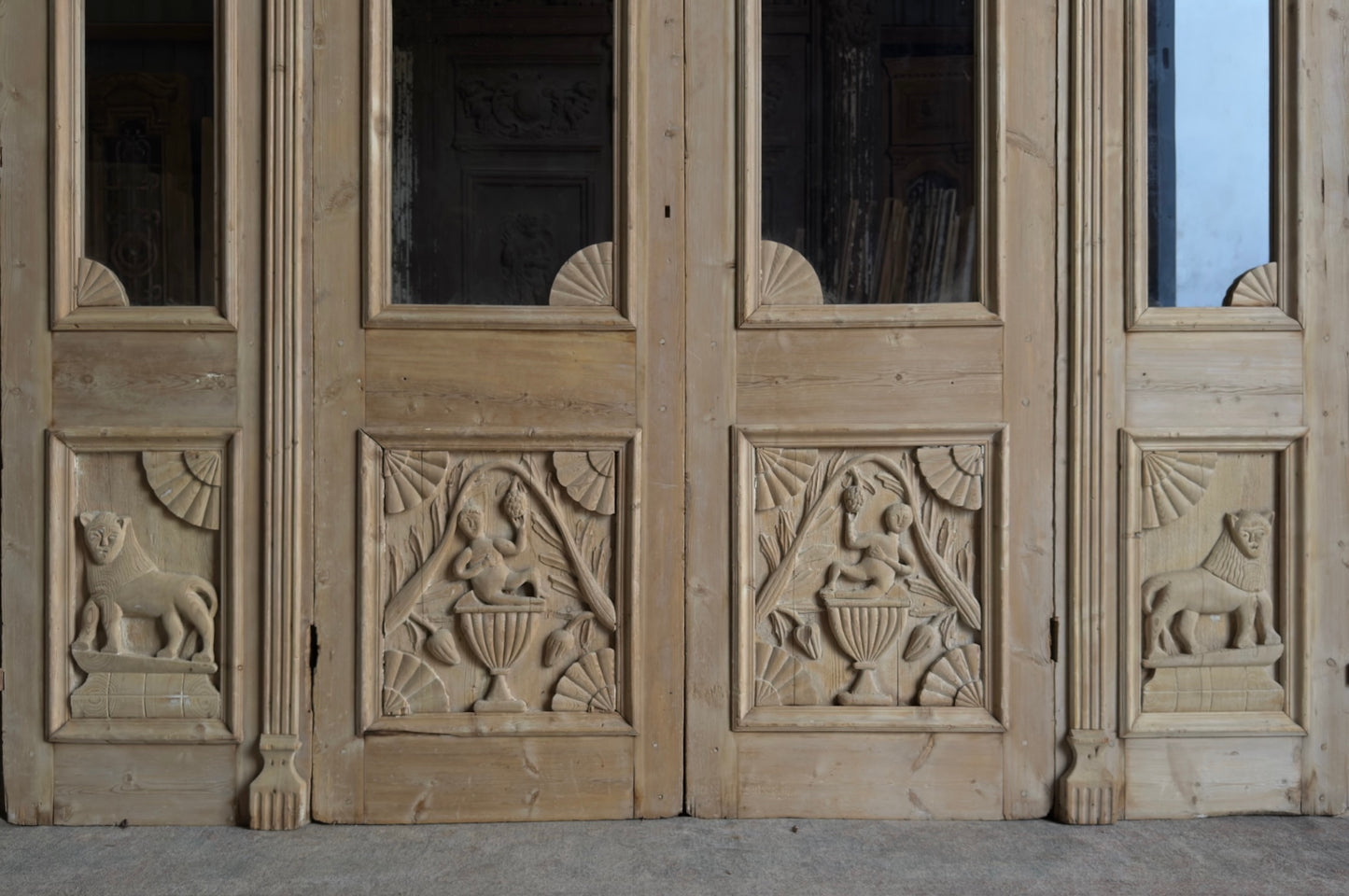 Carved Scene Antique Bi-Fold Glass Doors - 108.5x105.5 K238