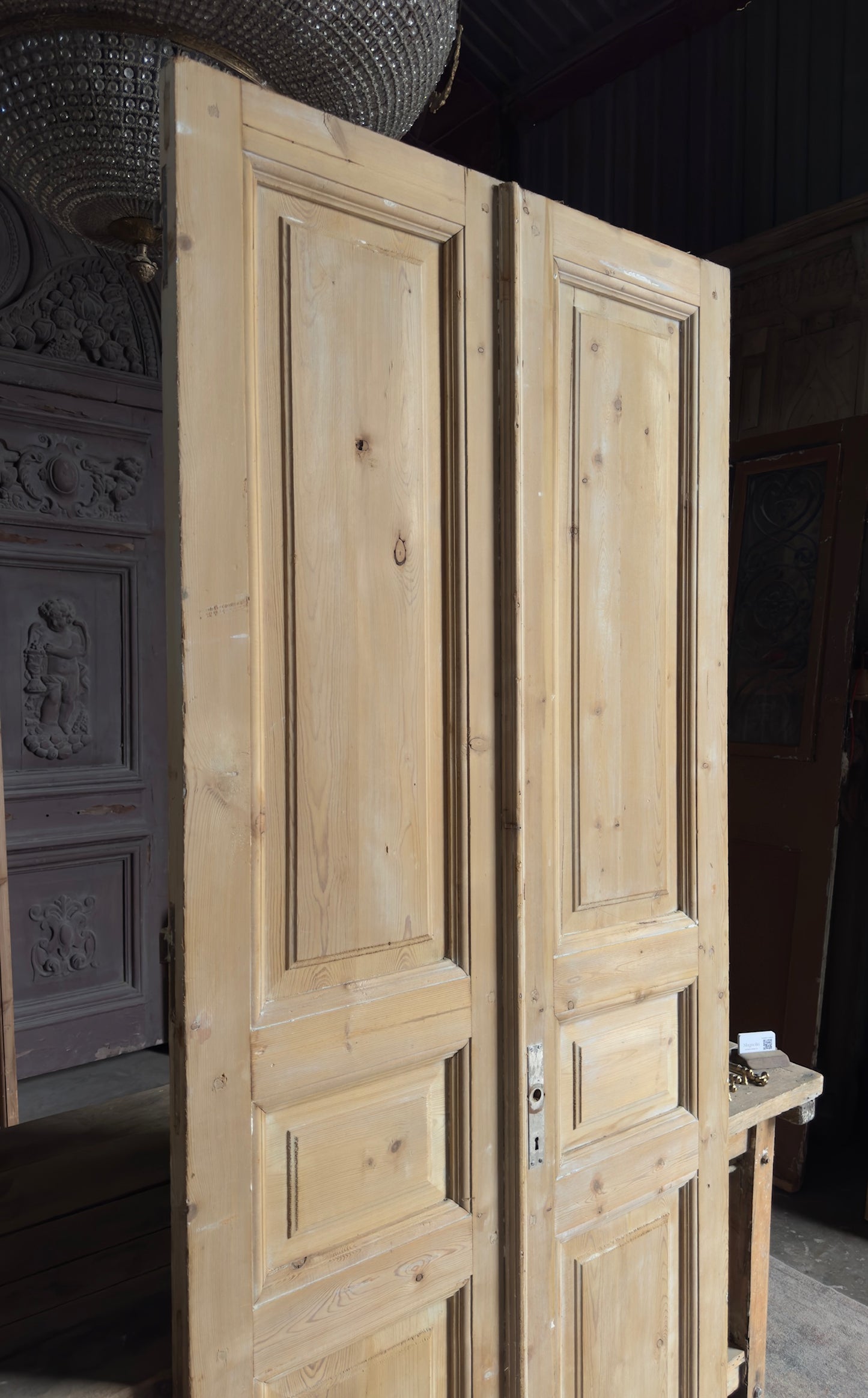 3 Panel Carved Antique Solid French Doors - 40x92.5 - L401