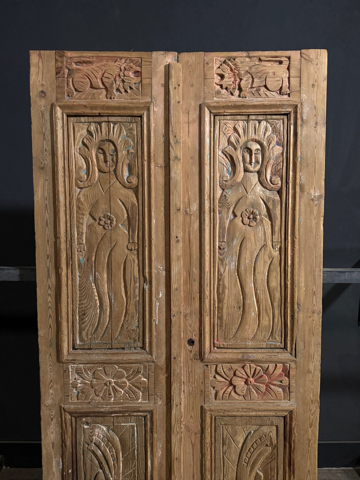 Antique Carved Solid Paneled Double Doors - 42.5x91.5 - N749