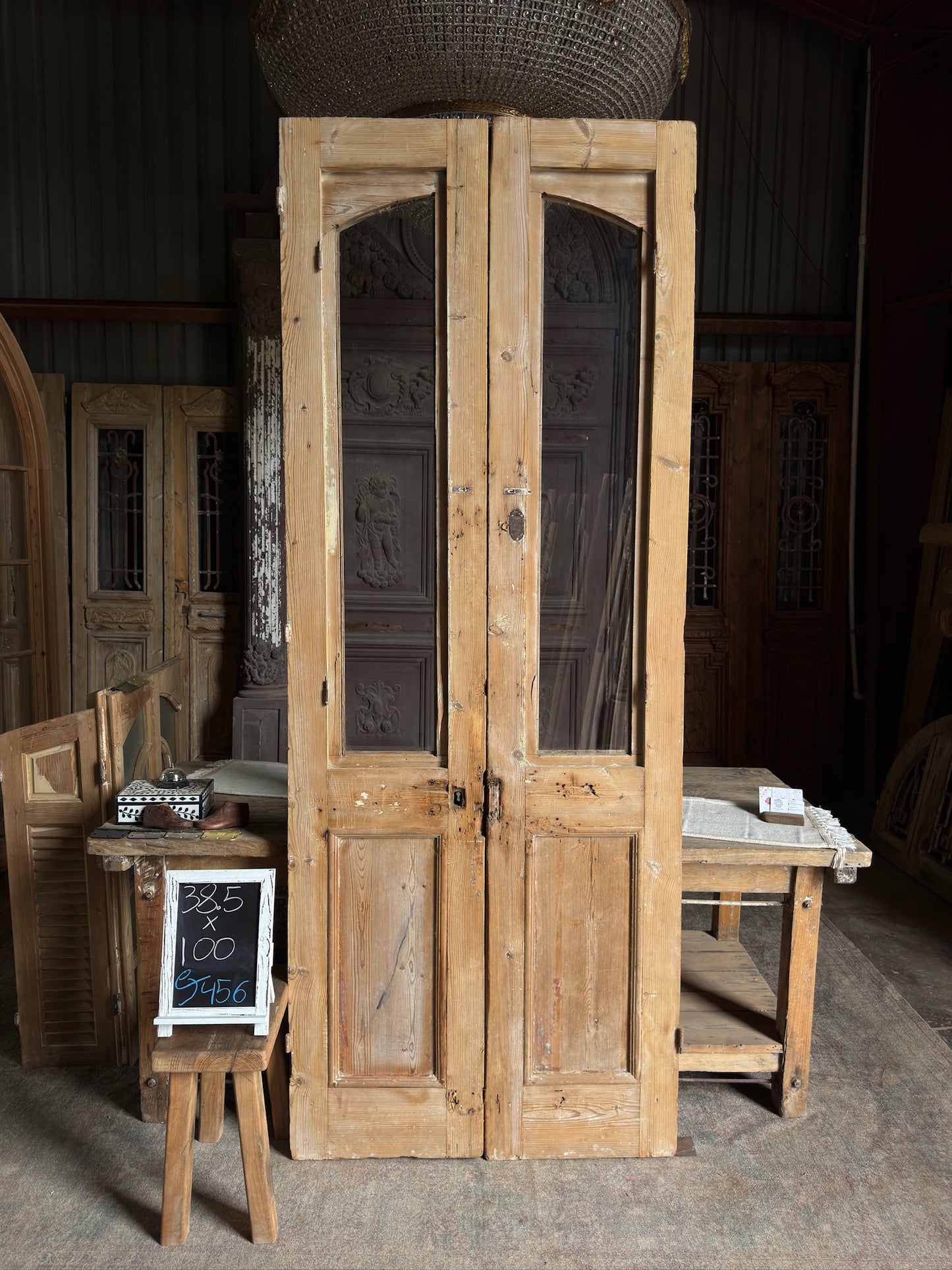 19th Century Antique Hand Carved Glass French Doors  - 38.5x100 J456