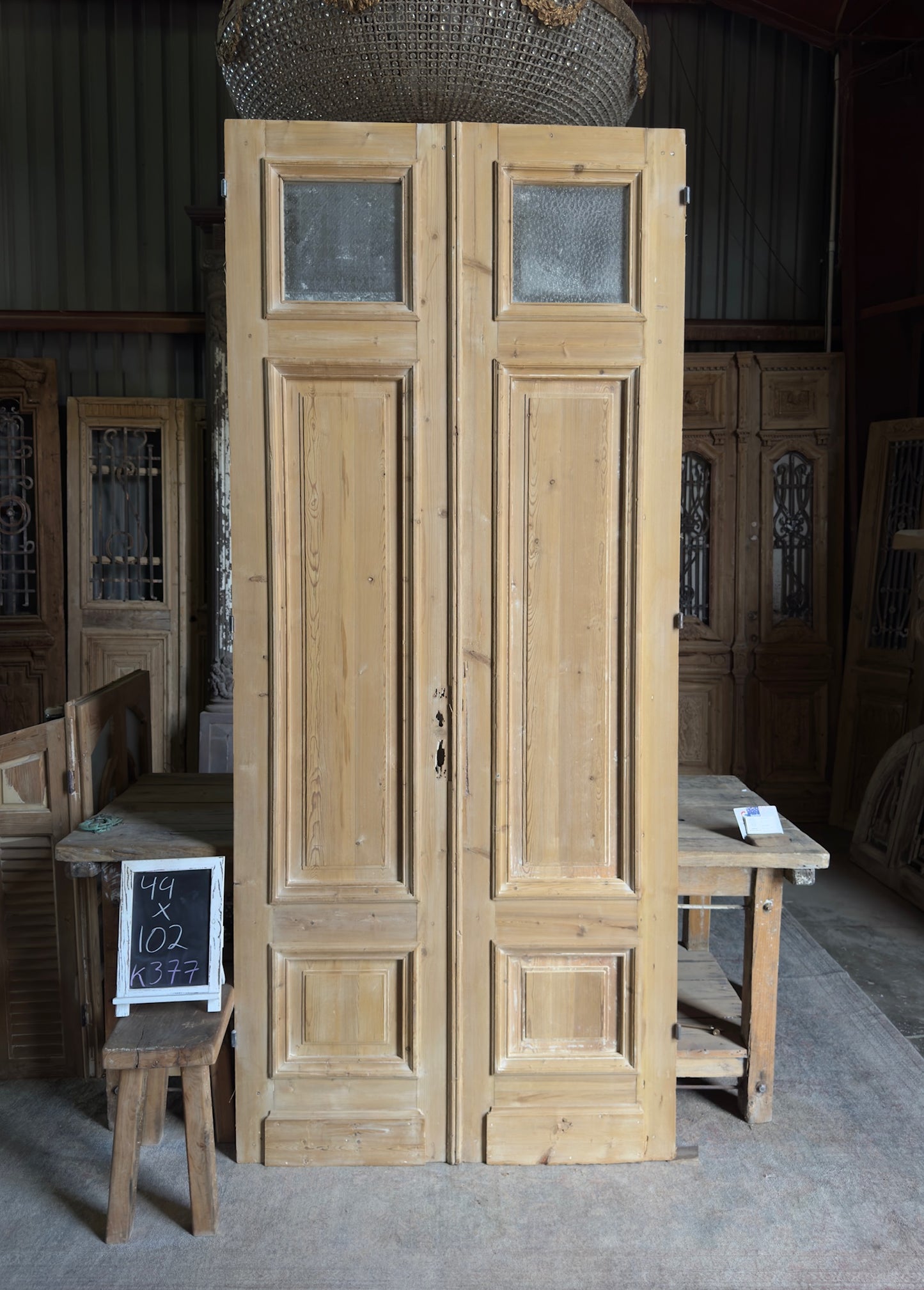 Raised Molding 3 Panel Antique Glass Top French Doors - 44x102 K377