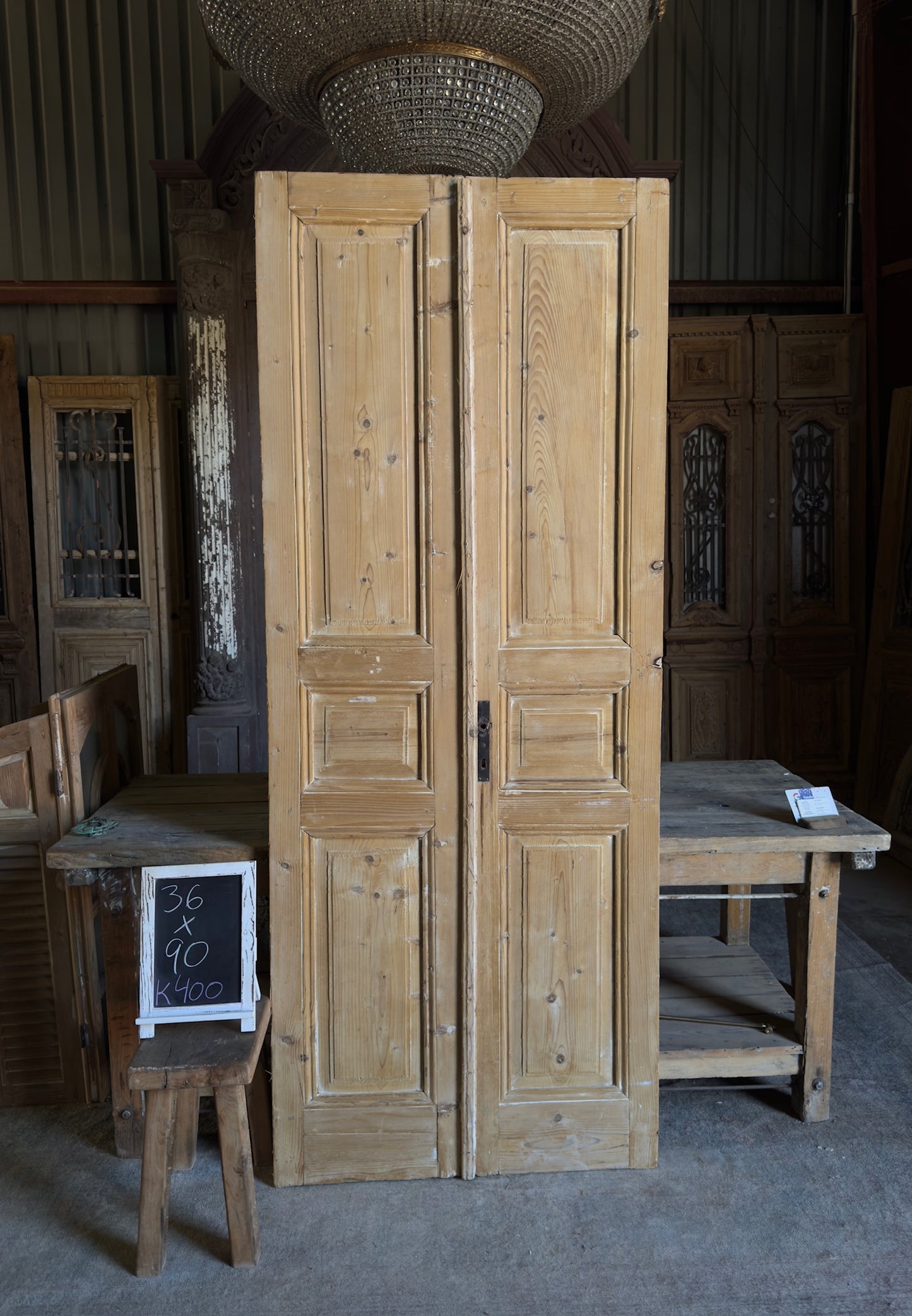 3 Panel Antique Solid French Doors - 36x90 K400