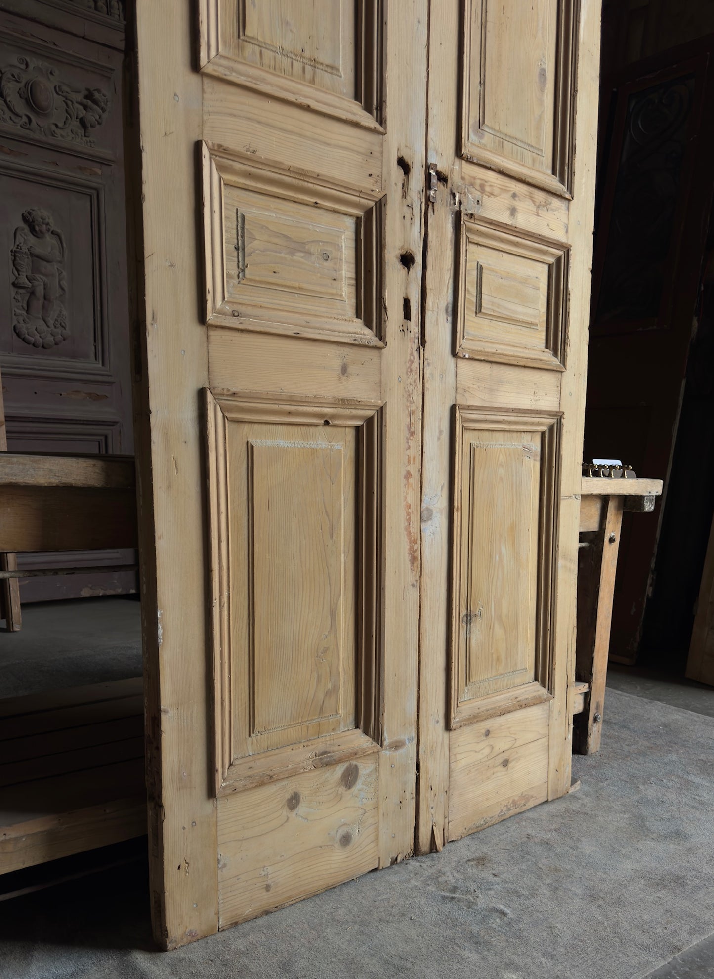 Raised Molding 3 Panel Antique Solid French Doors - 42x105.5 - L374