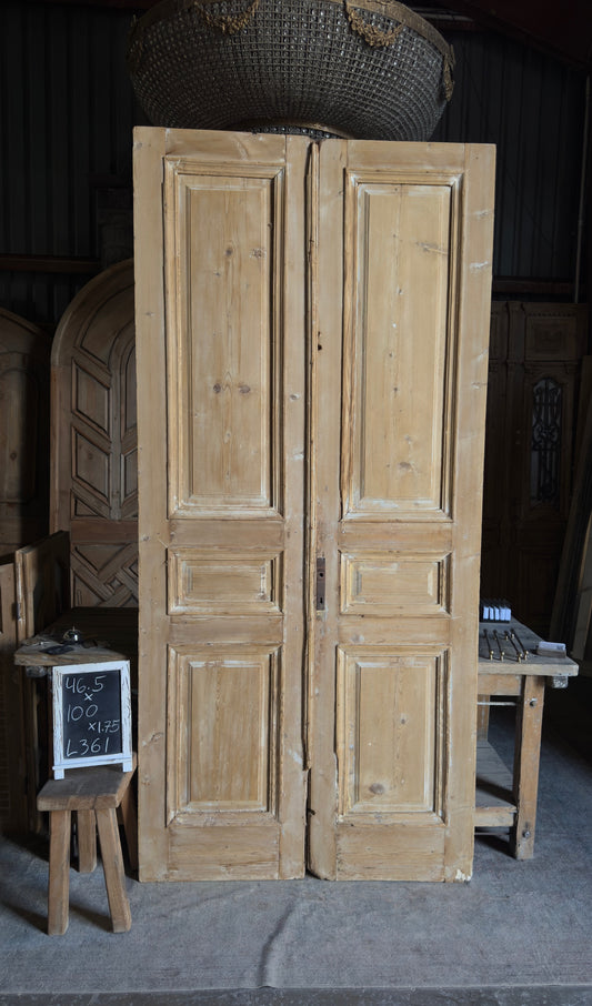 Raised Molding 3 Panel Antique Solid French Doors - 46.5x100 - L361