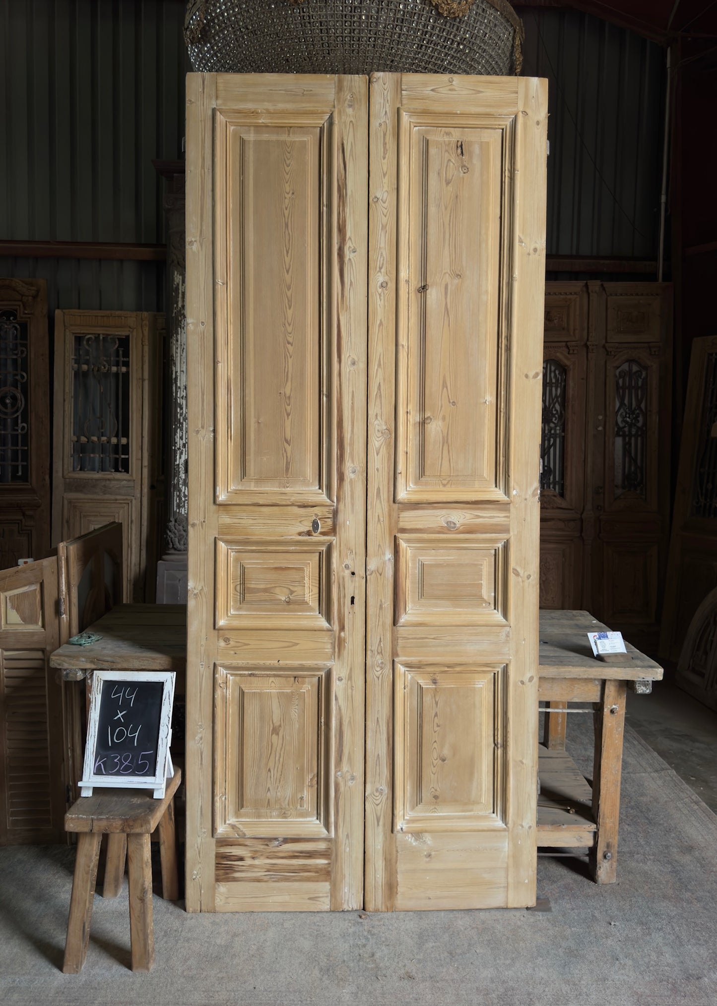 Raised Molding 3 Panel Antique Solid French Doors - 44x104 K385