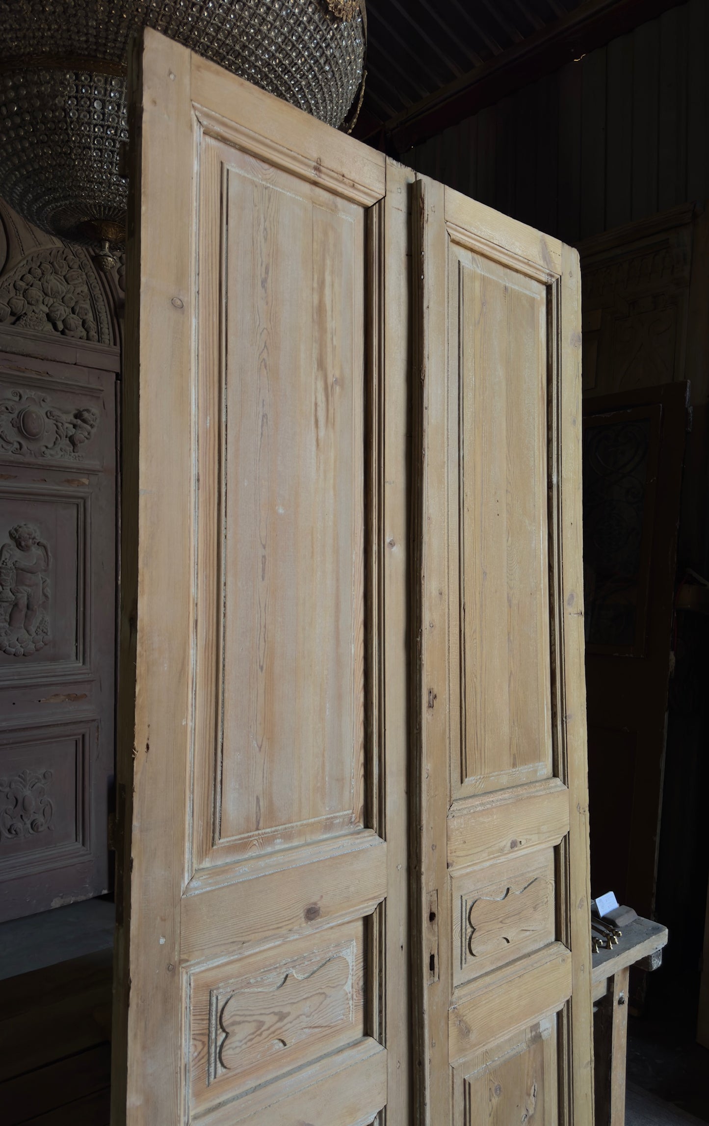 3 Panel Carved Antique Solid French Doors - 43x95.5 - L322