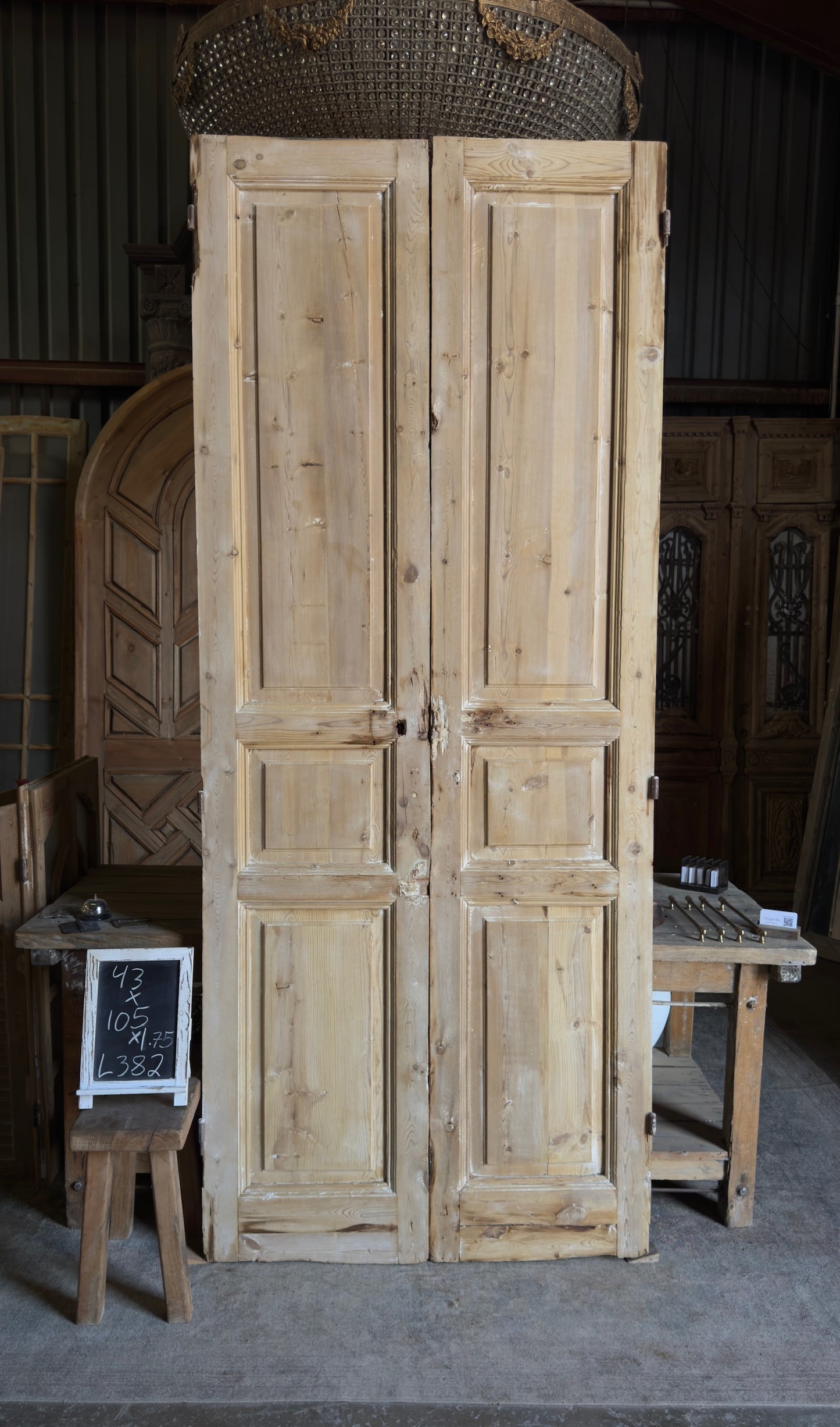 Raised Molding 3 Panel Antique Solid French Doors - 43x105 - L382