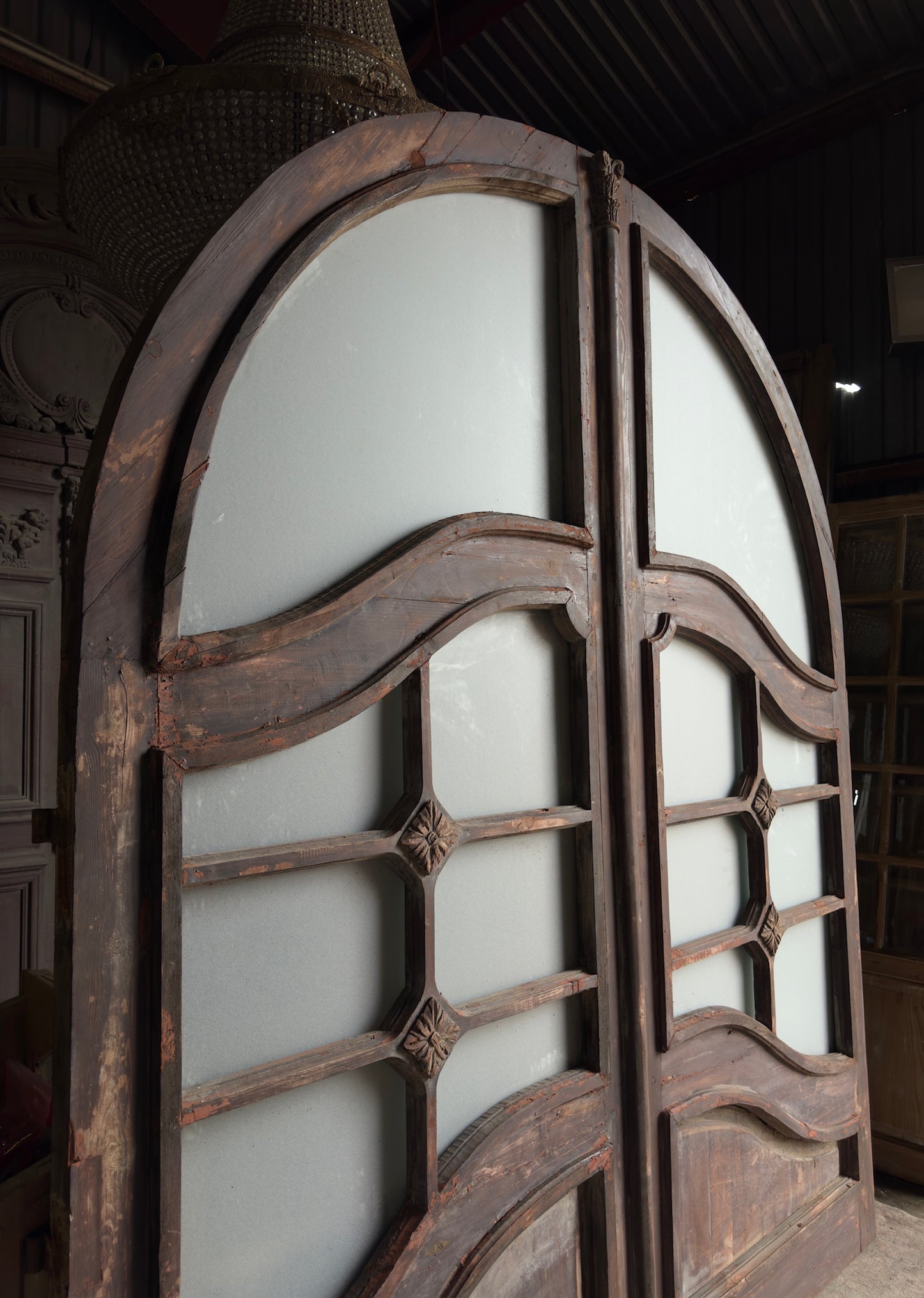 French Chateau Arched Glass Antique Double Doors - 97.5x118.5 - L462