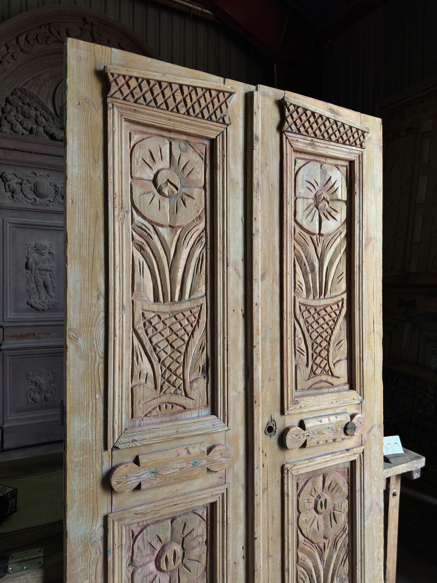 Flower Carved Antique French Doors - 48.5x89 J103