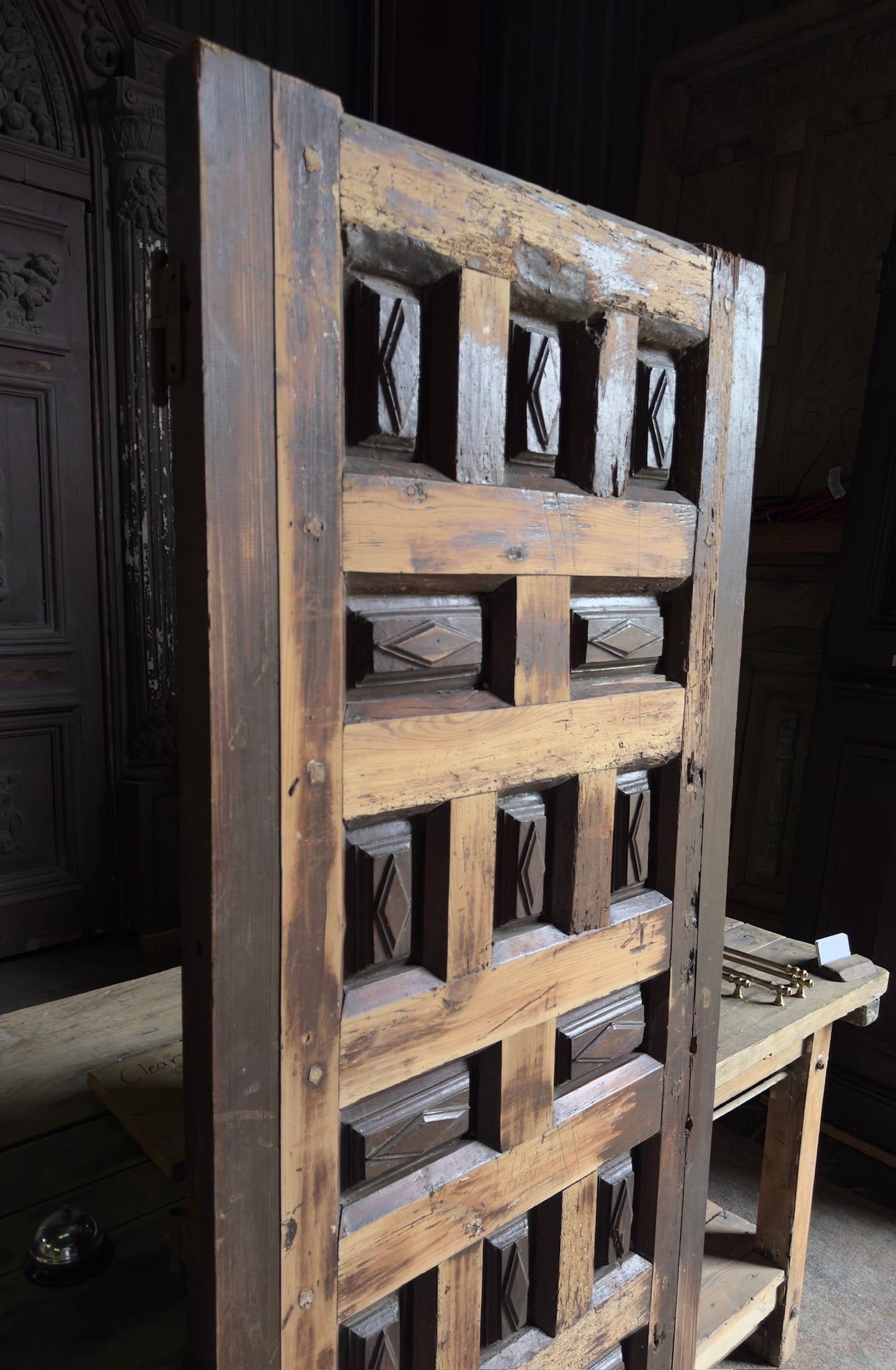 Spanish Coffered Diamond Panel Antique Single Door - 29.5x73 - L249