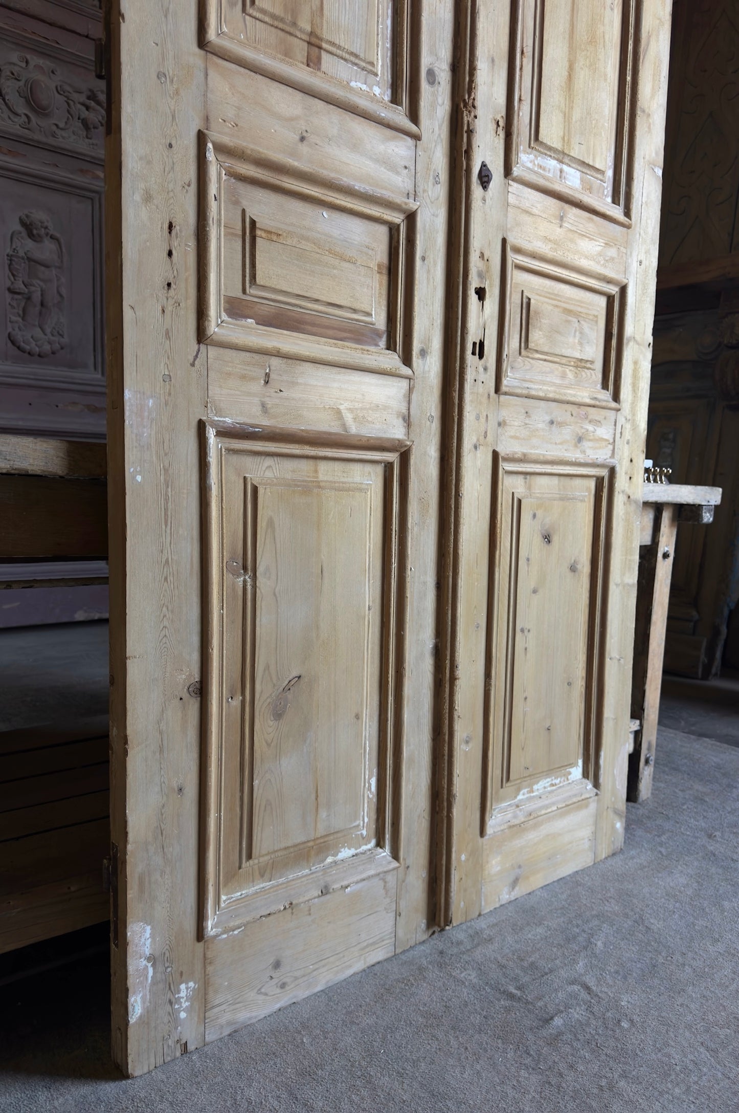 Raised Molding 3 Panel Antique Solid French Doors - 43.75x98.5 - L107