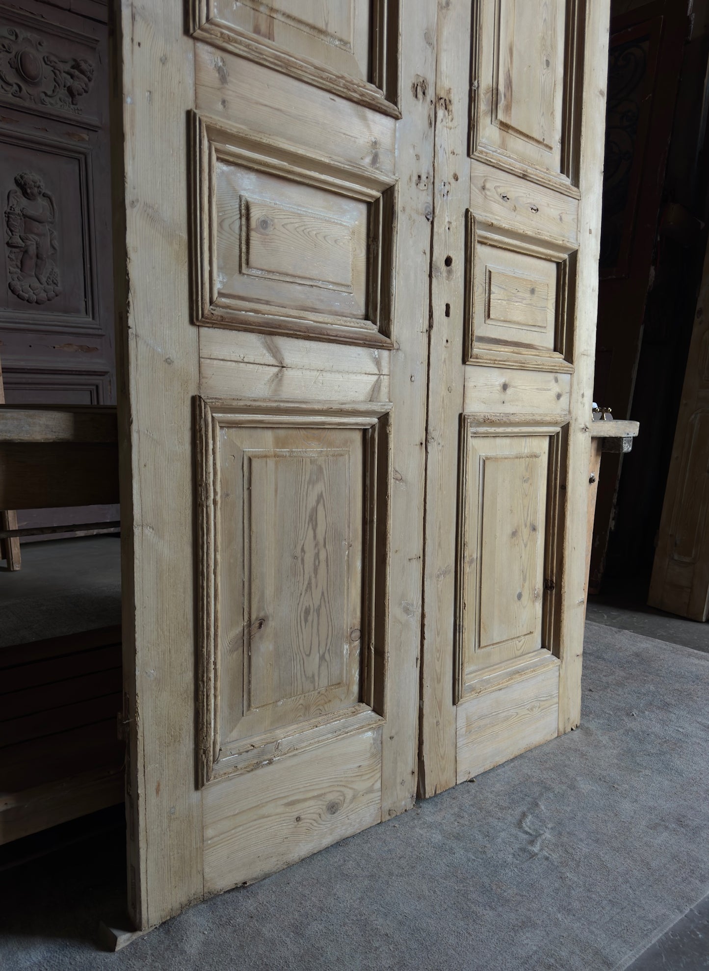 Raised Molding 3 Panel Antique Solid French Doors - 47x103 - L377