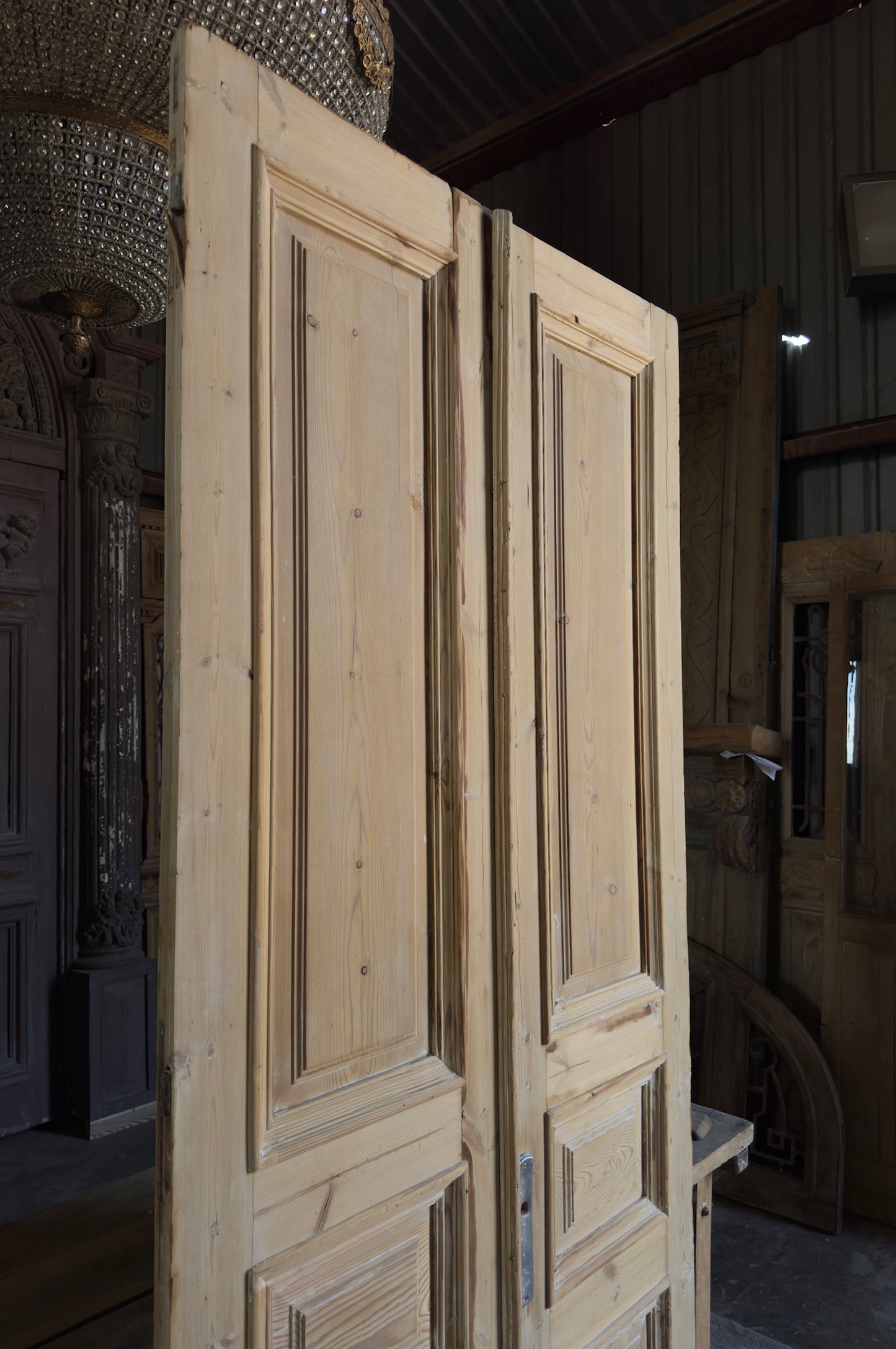 Raised Molding 3 Panel Antique Solid French Doors - 44.75x98 K399