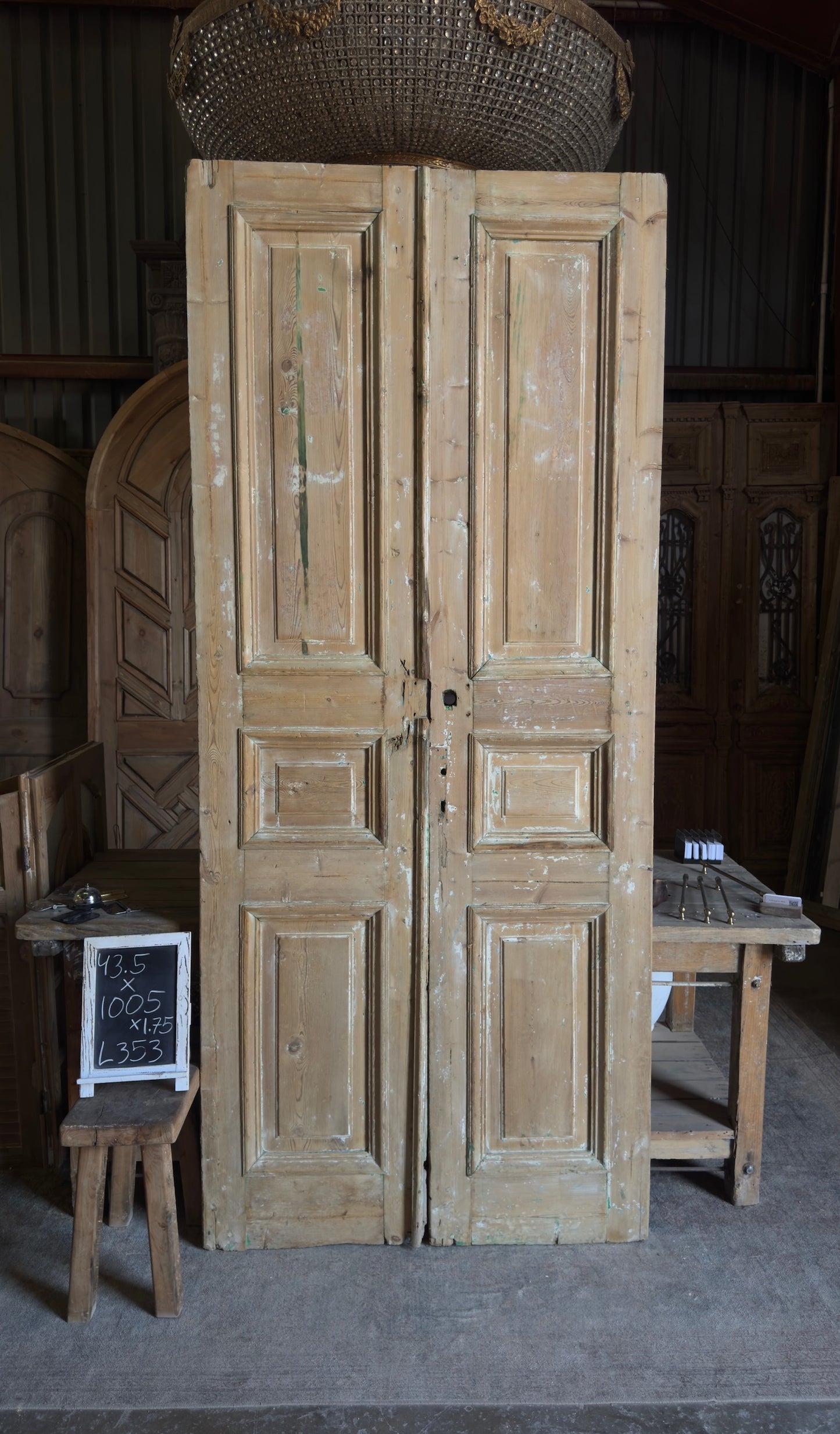 Raised Molding 3 Panel Antique Solid French Doors - 43.5x100.5 - L353