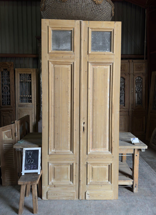 Raised Molding 3 Panel Antique Glass Top French Doors - 44x102 K377