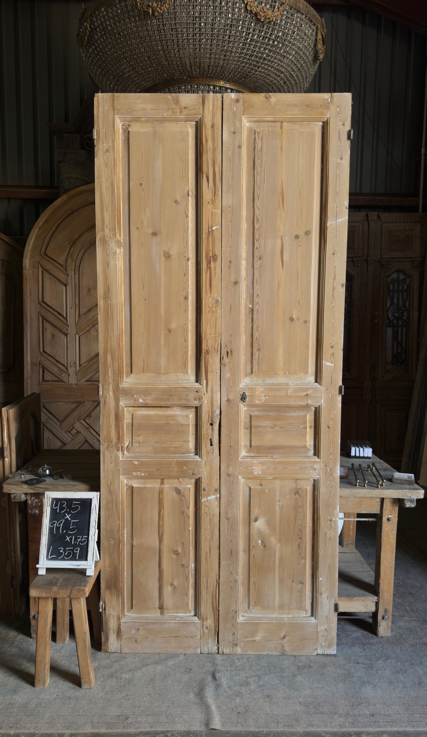 Raised Molding 3 Panel Antique Solid French Doors - 43.5x99.5 - L359