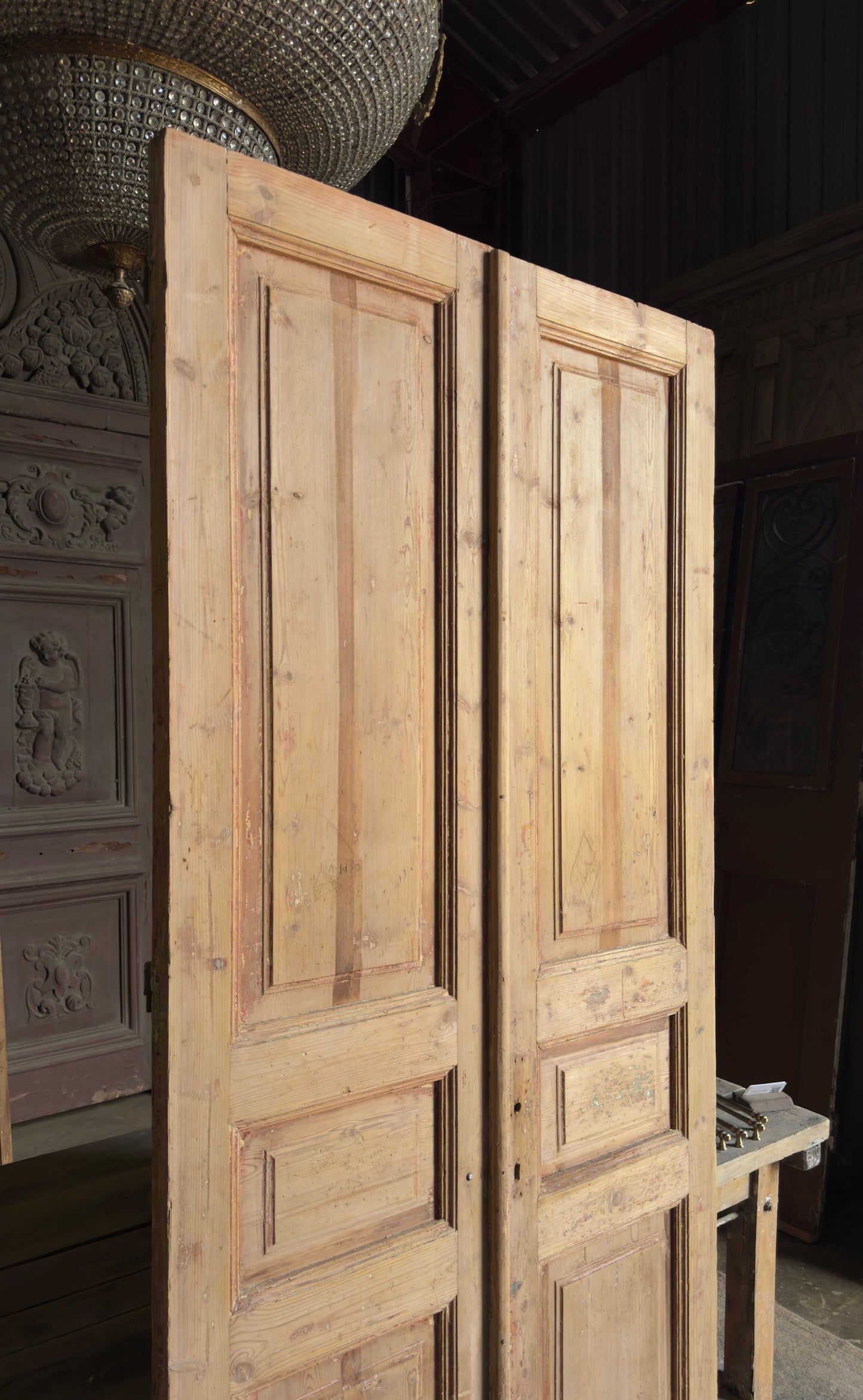 3 Panel Antique Solid French Doors - 40x90.5 - L366