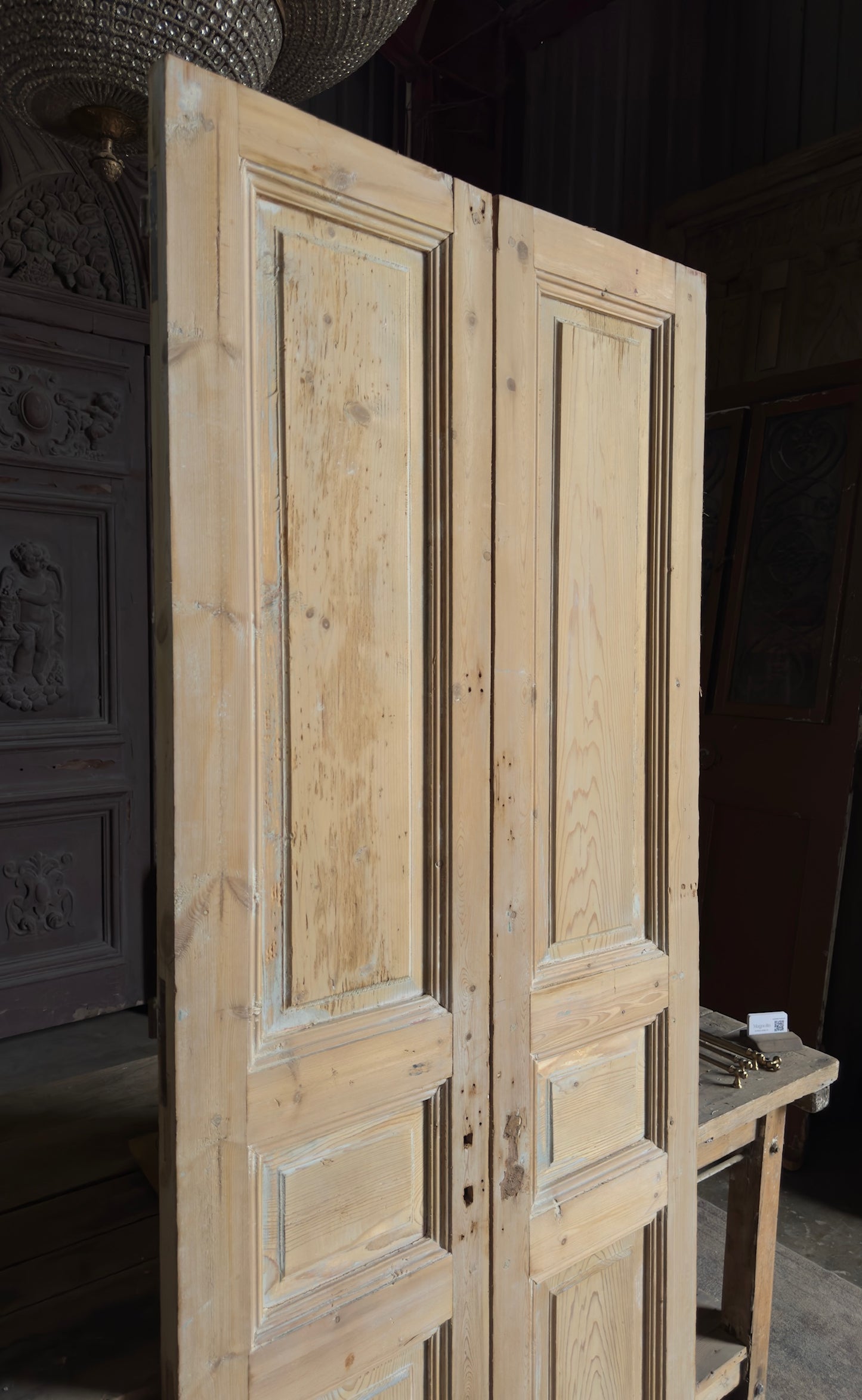 3 Panel Carved Antique Solid French Doors - 35x86 - L402