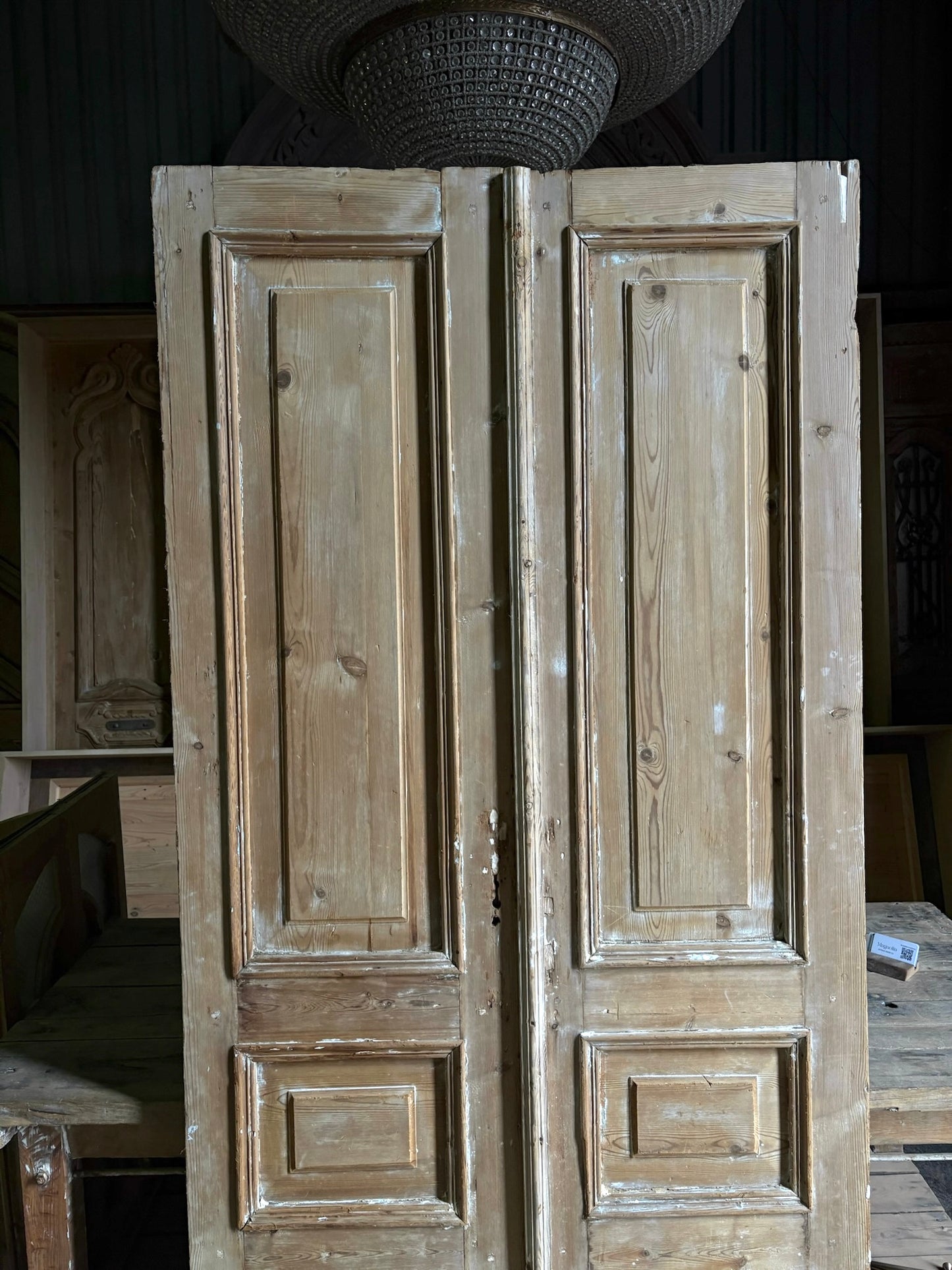 Raised Molding 3 Panel Antique Solid French Doors - 43.25x89 - L88