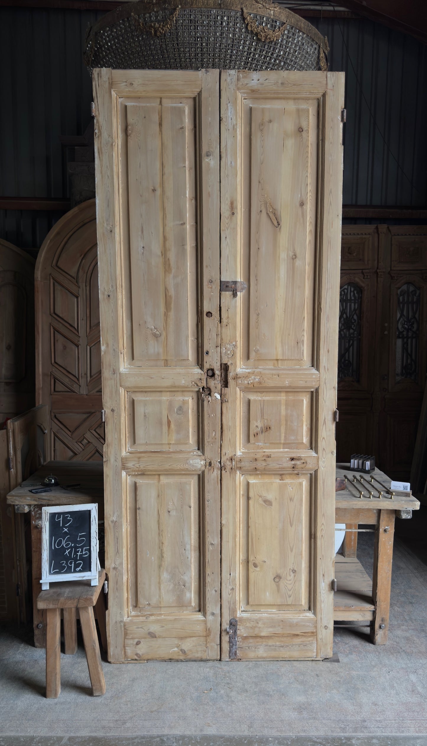 Raised Molding 3 Panel Antique Solid French Doors - 43x106.5 - L392