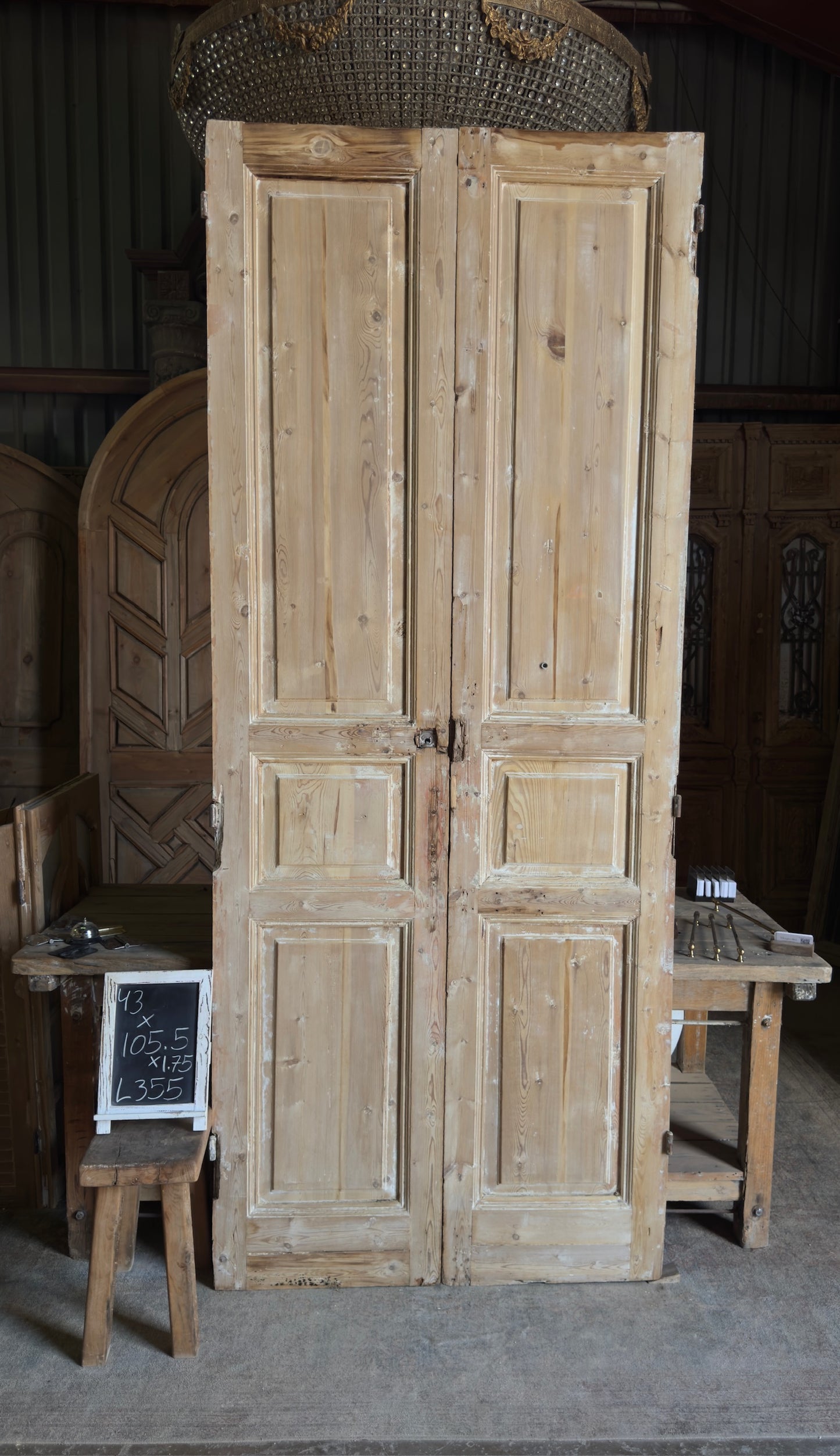 Raised Molding 3 Panel Antique Solid French Doors - 43x105.5 - L355