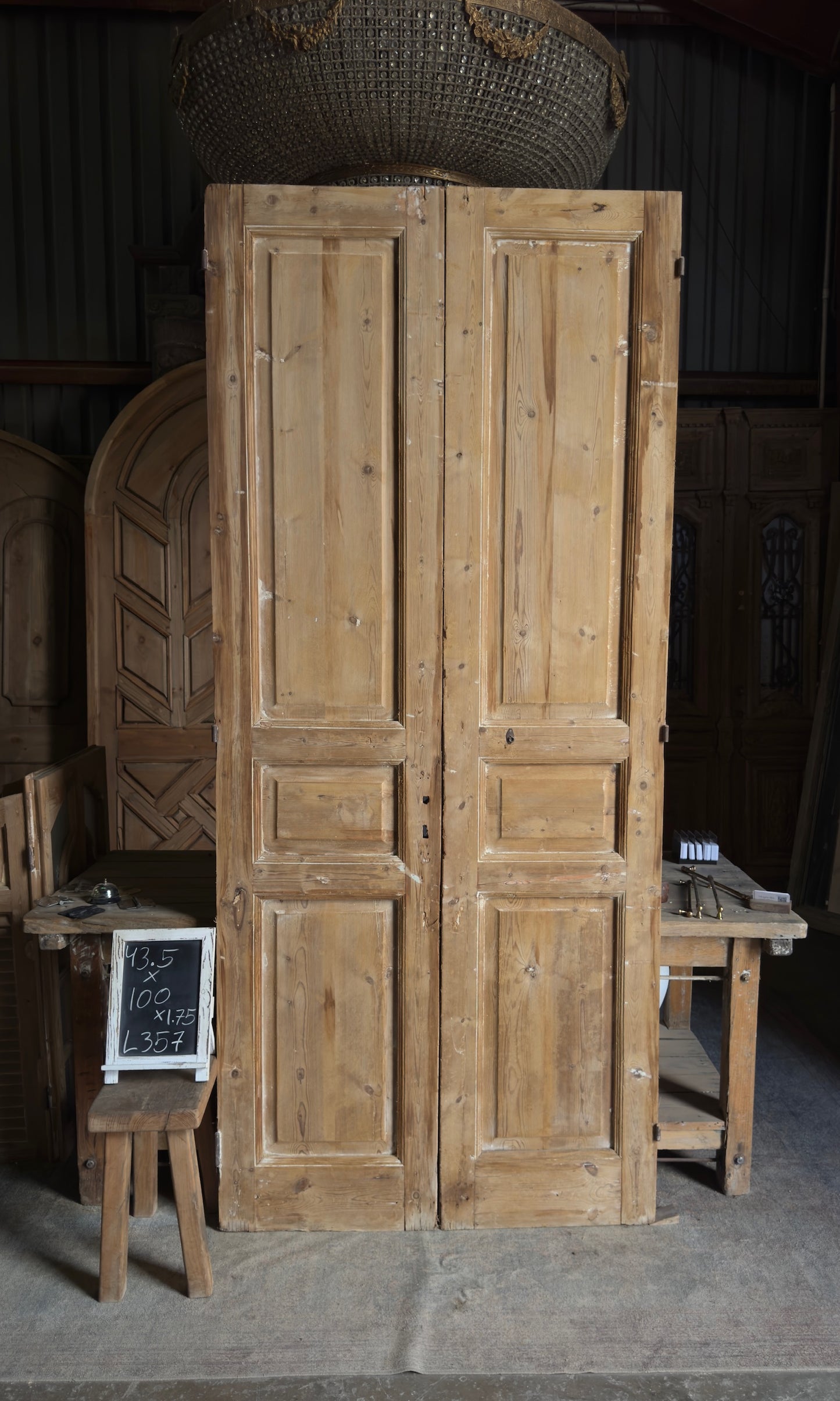 Raised Molding 3 Panel Antique Solid French Doors - 43.5x100 - L357