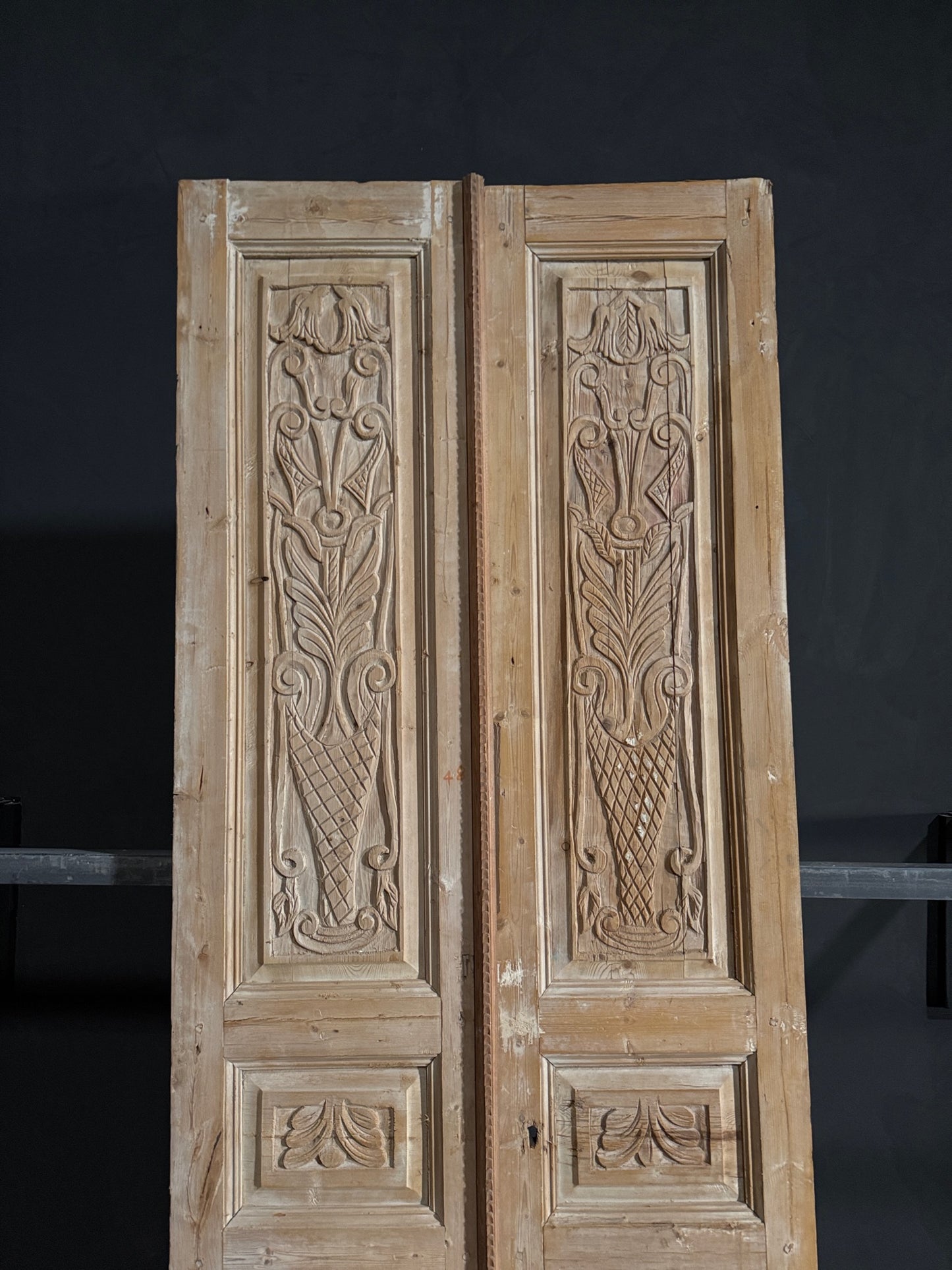 Antique Carved 3 Panel Double Doors - 39.25x105 - N122