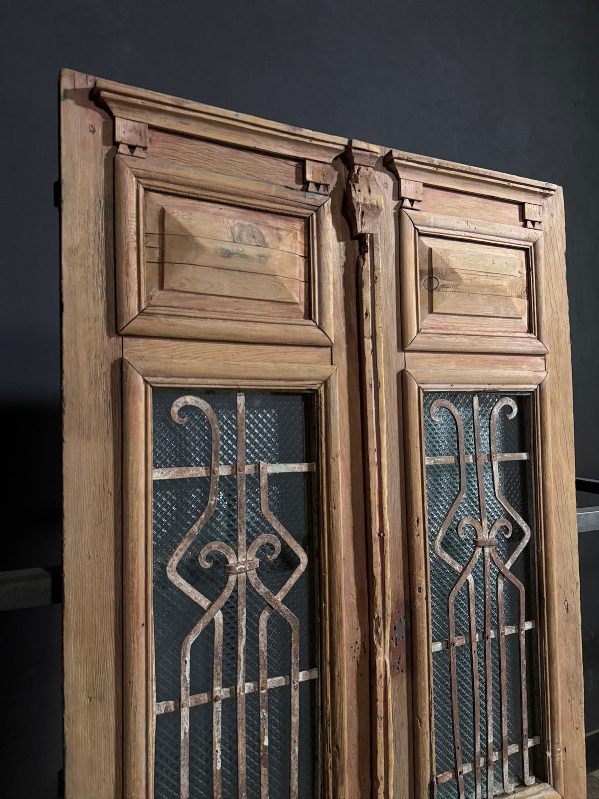 Antique Architectural Scrolled Iron Glass Double Doors - 46.5x92.5 - N750