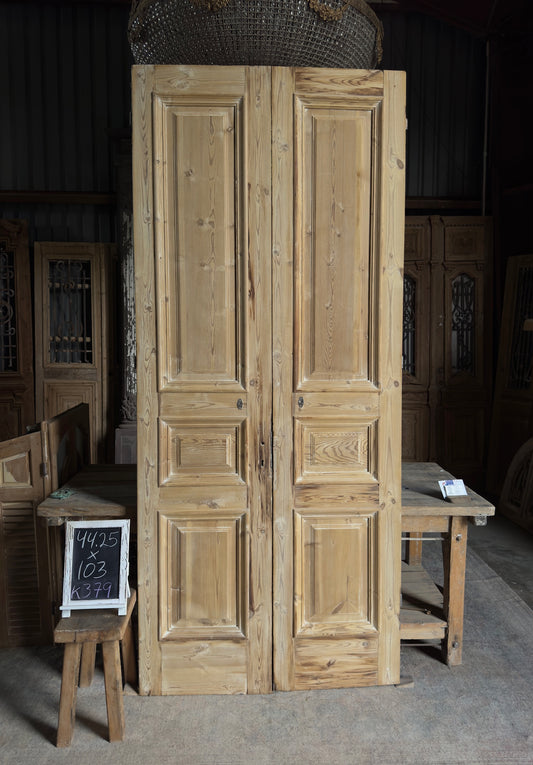 Raised Molding 3 Panel Antique Solid French Doors - 44.25x103 K379