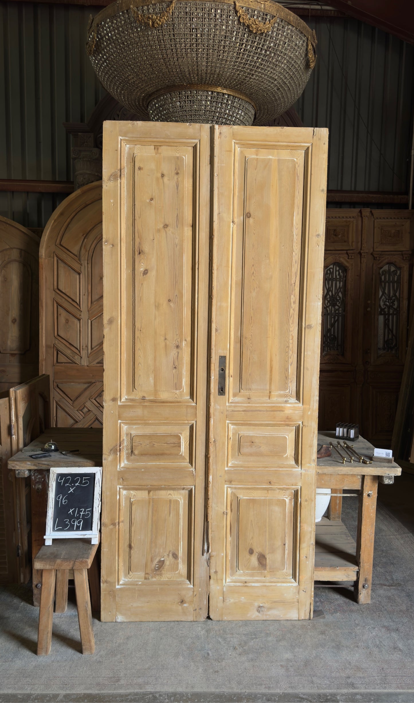 3 Panel Antique Solid French Doors - 42.25x96 - L399