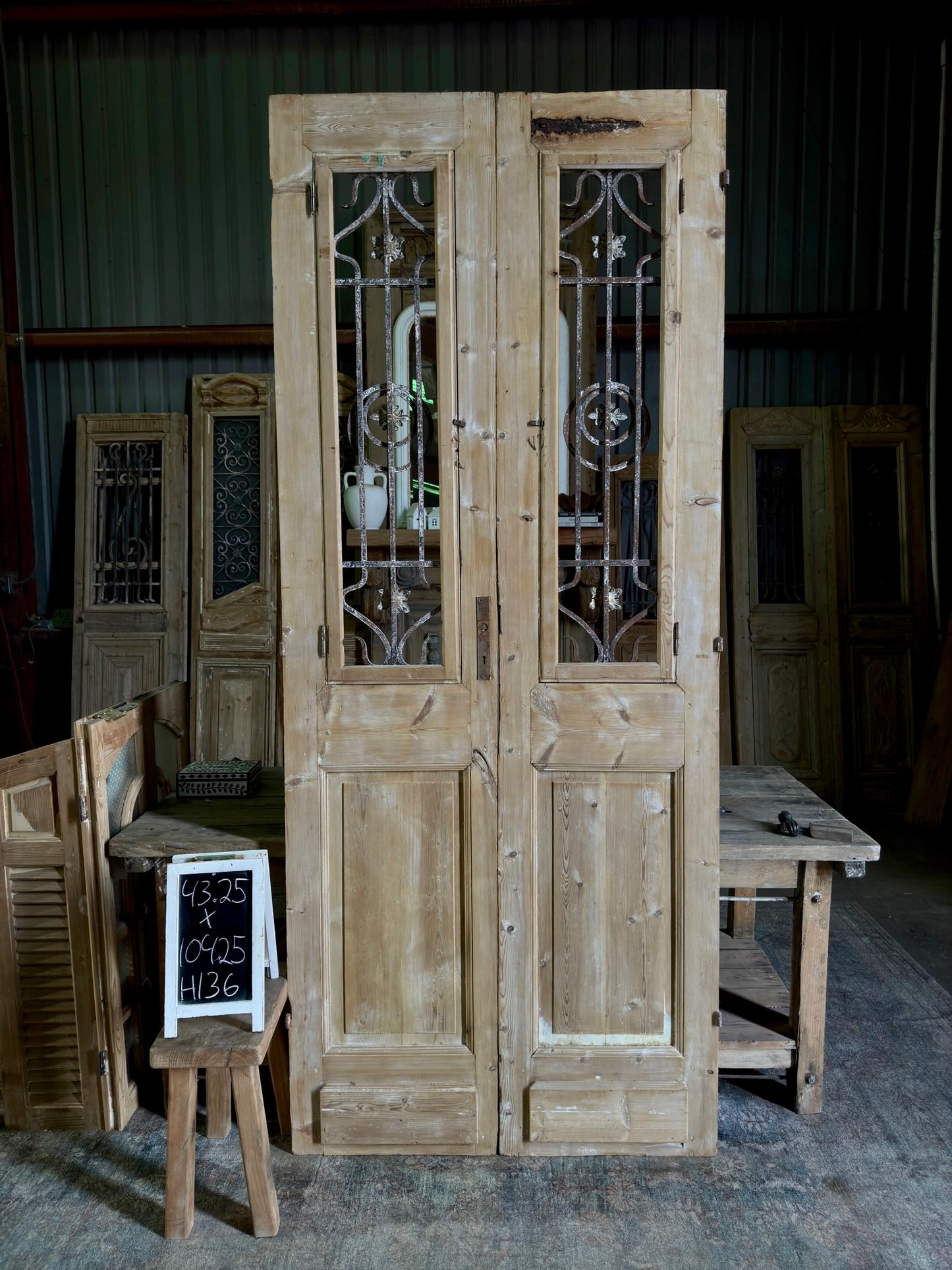 Antique Hand Carved Iron French Doors - 43.25x104.25 H136