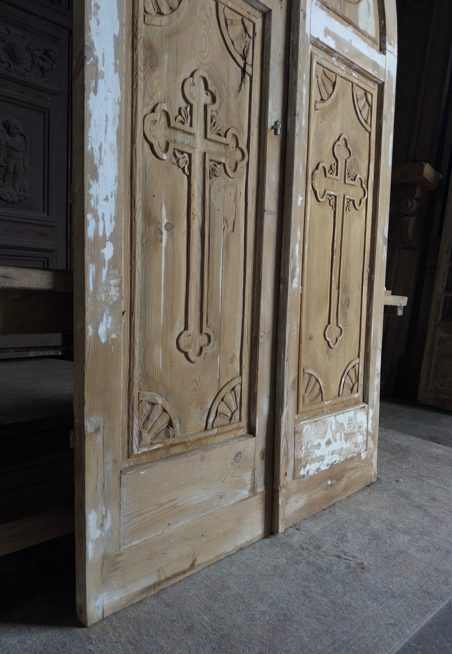 Antique Solid Arched Doors with Carved Cross - 52x90.5 - L143