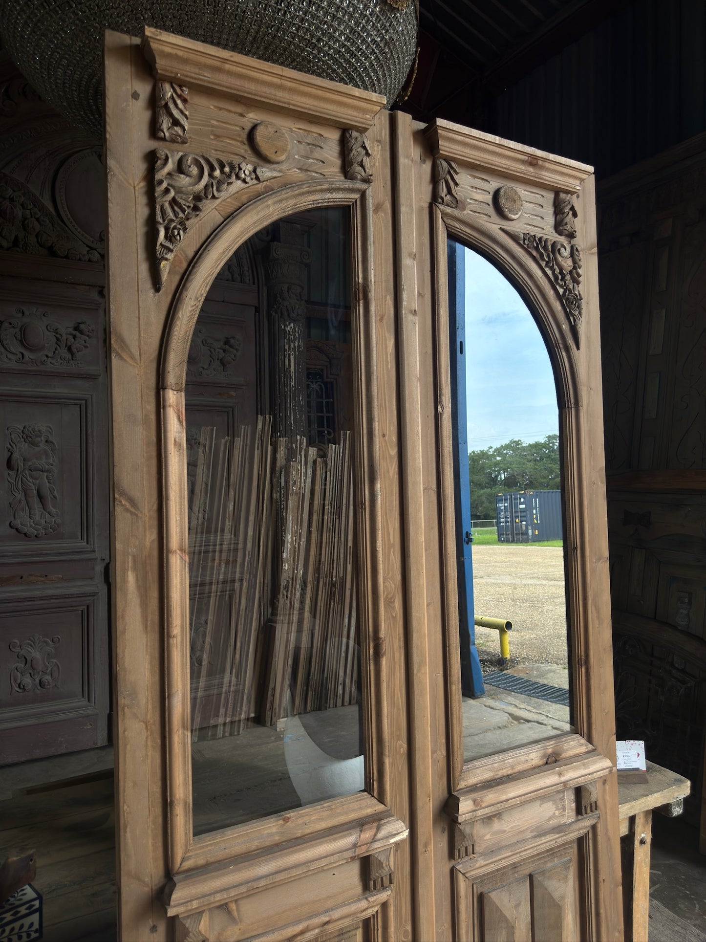 Handcrafted Glass Arched Baltic Pine Carved French Doors - 48x96 K3