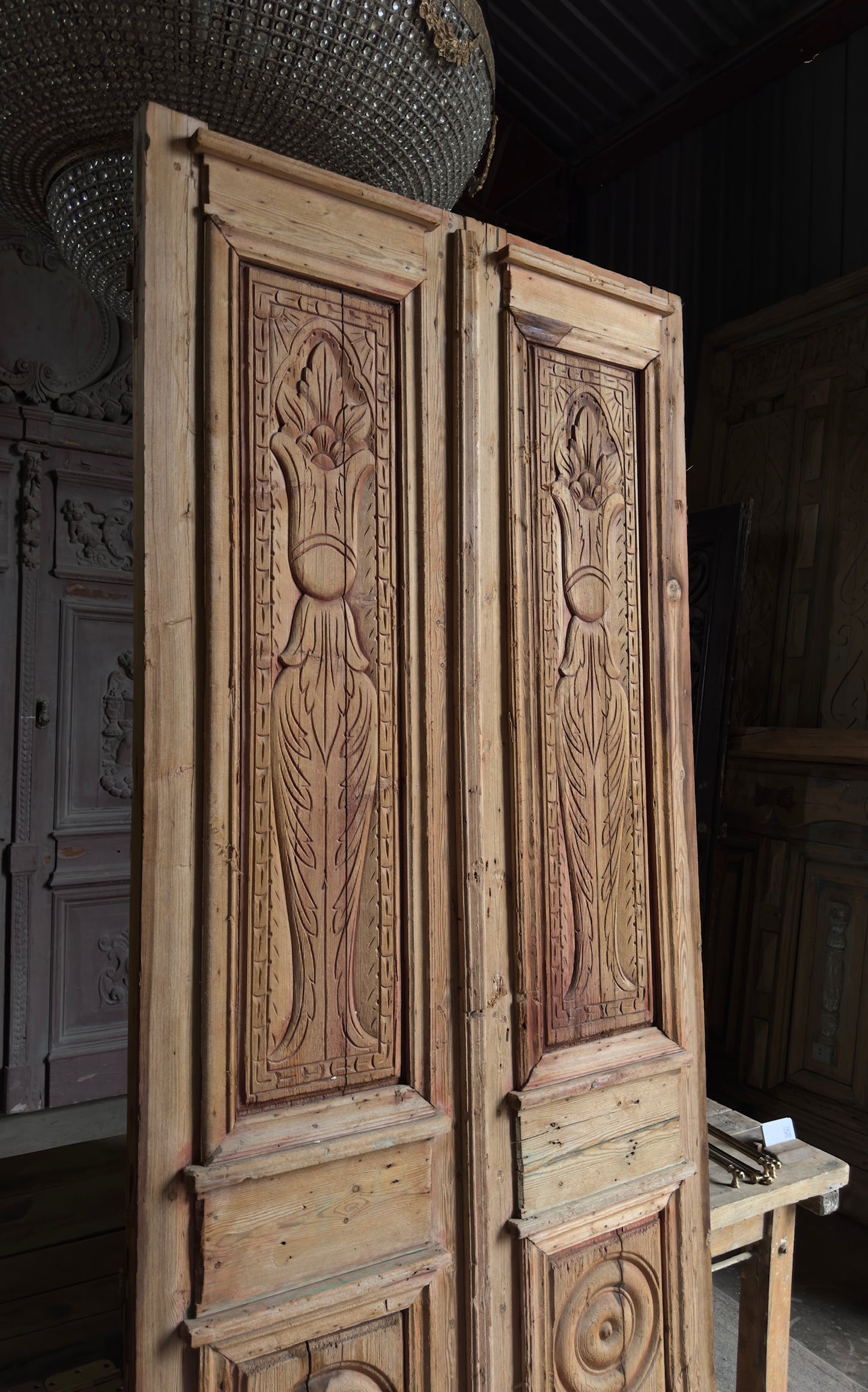Antique Carved 4 Panel Double Doors - 40.5x97.5 - L555