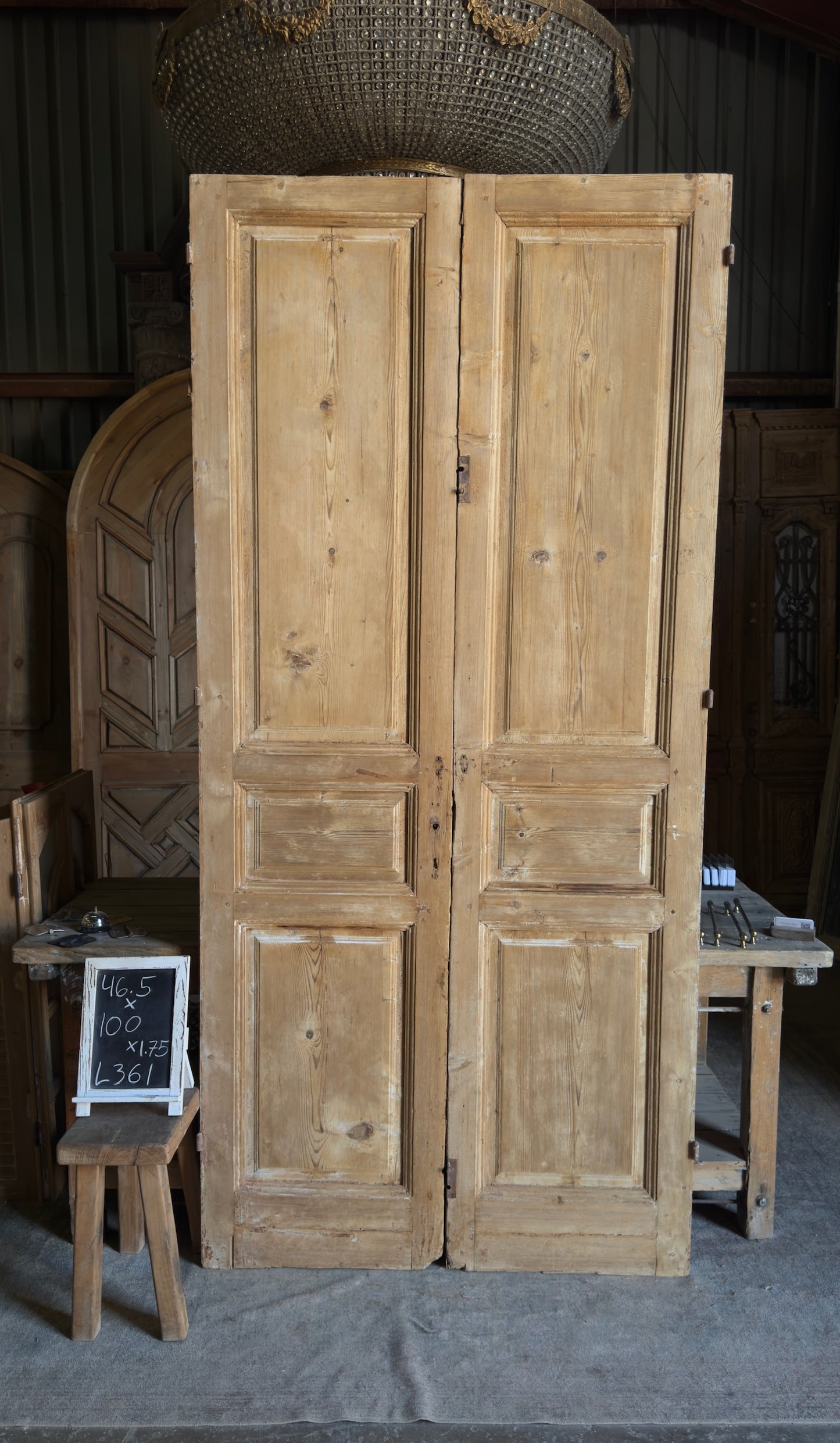 Raised Molding 3 Panel Antique Solid French Doors - 46.5x100 - L361