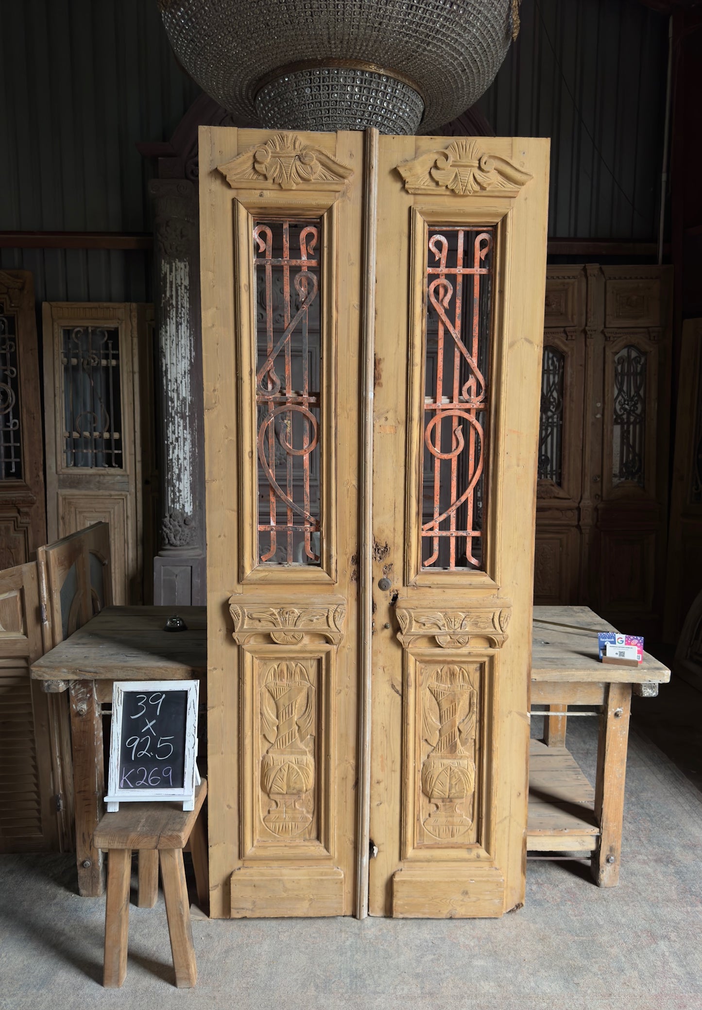 Hand Carved Antique Iron Double Doors - 39x92.5 K269