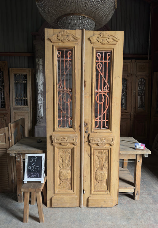 Hand Carved Antique Iron Double Doors - 39x92.5 K269