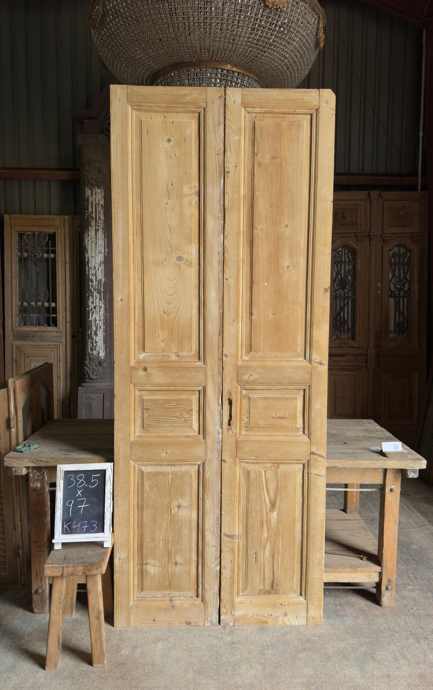 3 Panel Antique Solid French Doors - 38.5x97 K473