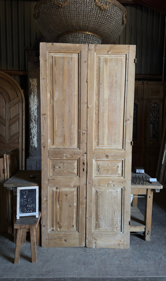 3 Panel Carved Antique Solid French Doors - 43x95.5 - L322