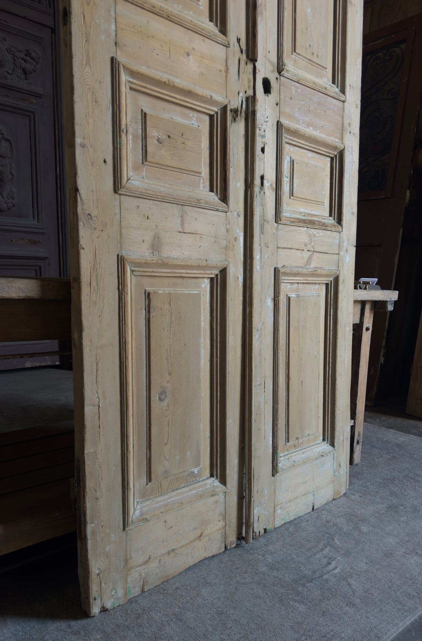 Raised Molding 3 Panel Antique Solid French Doors - 43.5x100.5 - L353