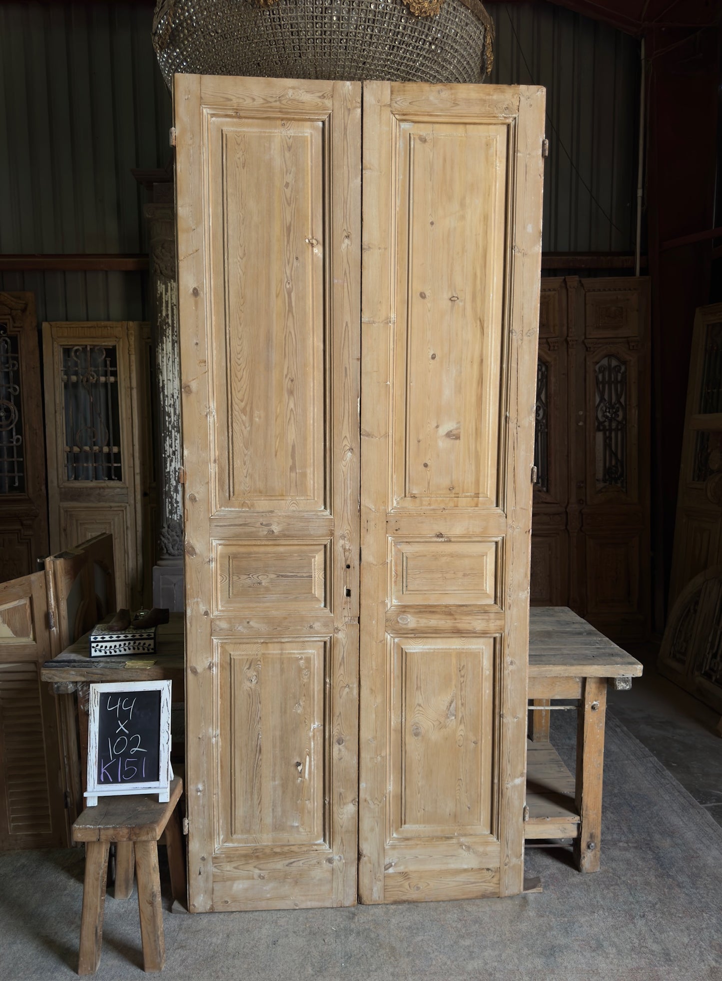 3 Panel Antique Solid French Doors - 44x102 K151