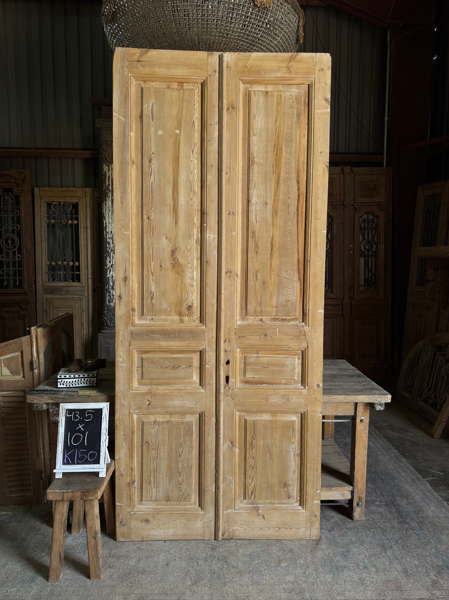3 Panel Antique Solid French Doors - 43.5x101 K150