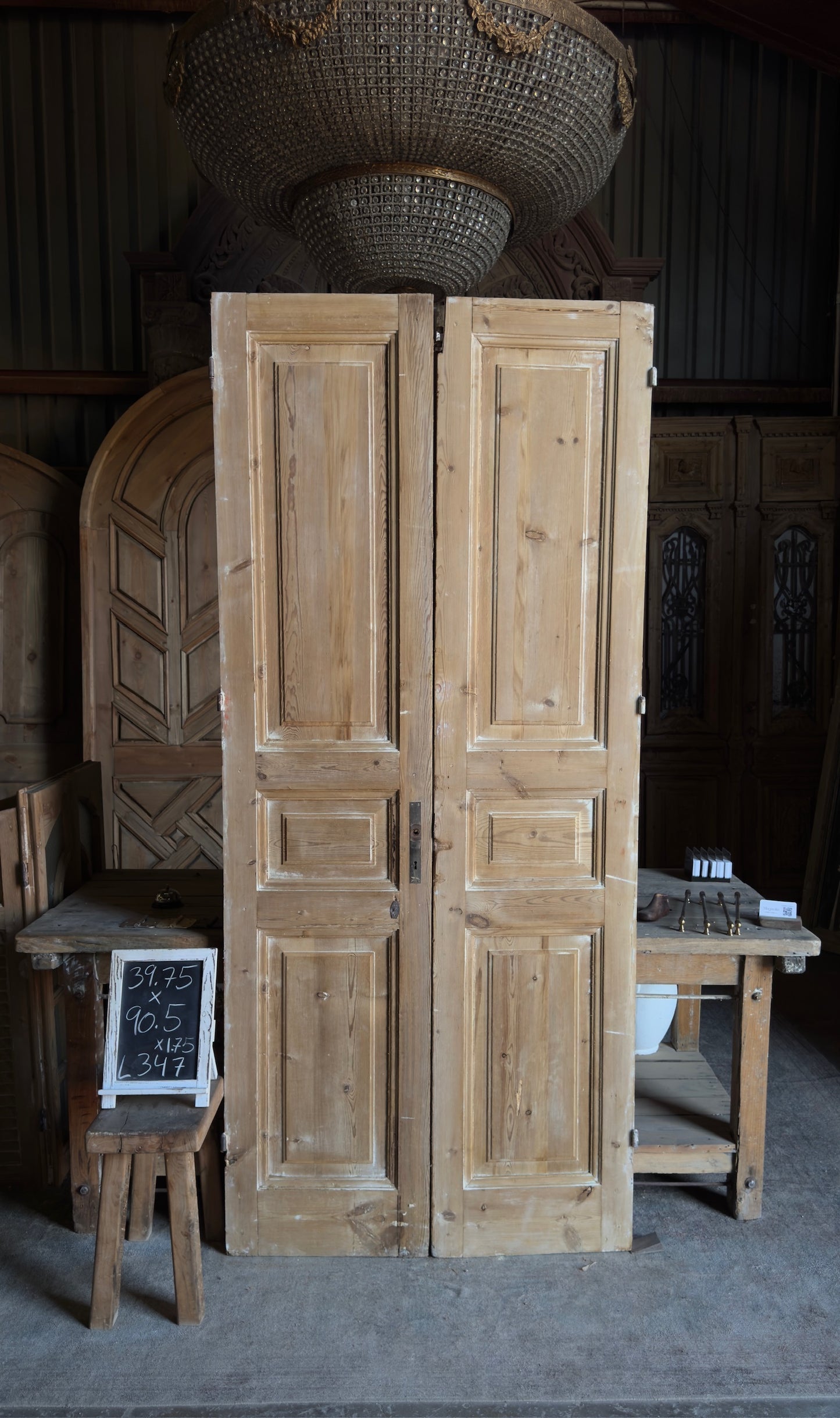 3 Panel Antique Solid French Doors - 39.5x90.5 - L347