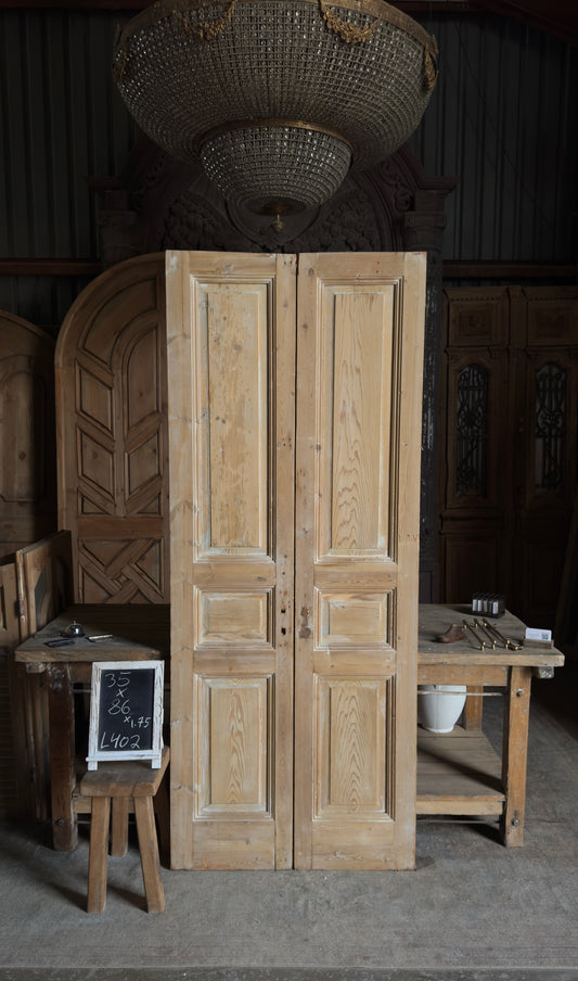 3 Panel Carved Antique Solid French Doors - 35x86 - L402