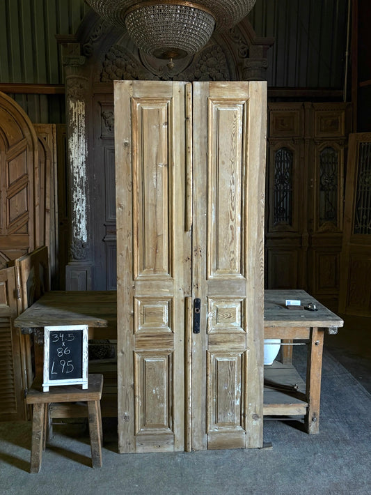 Raised Molding 3 Panel Antique Solid French Doors - 34.5x86 - L95