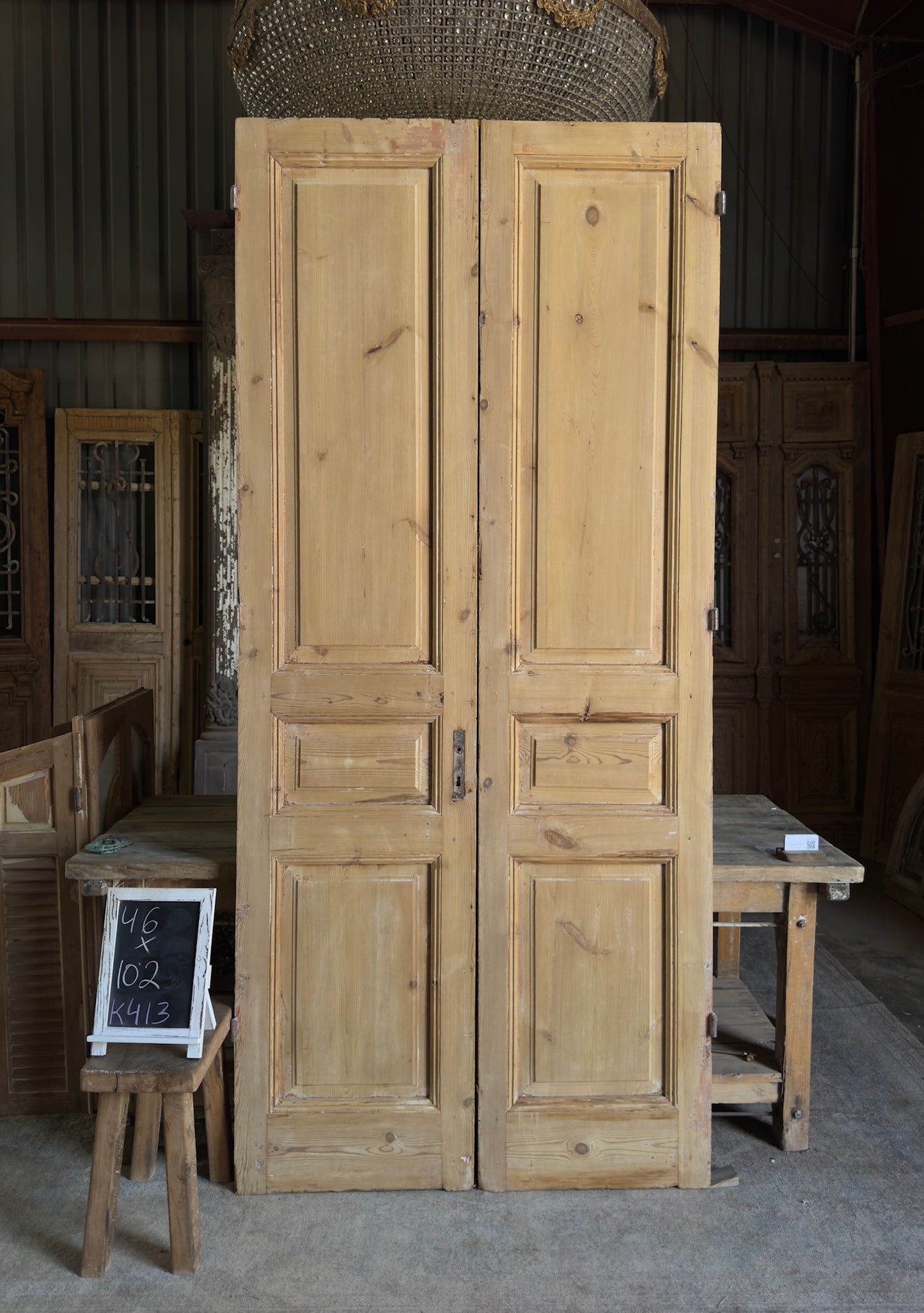 Raised Molding 3 Panel Antique Solid French Doors - 46x102 K413