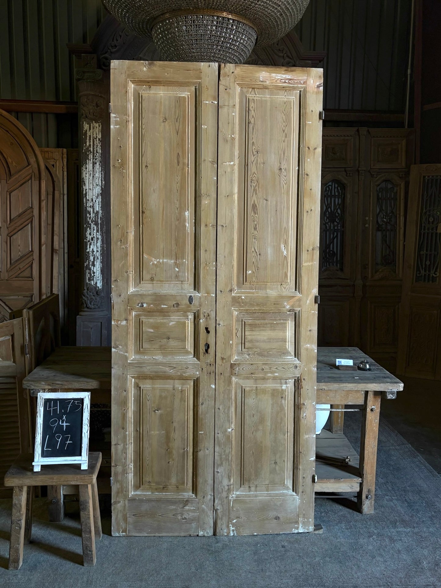 Raised Molding 3 Panel Antique Solid French Doors - 44.75x94 - L97